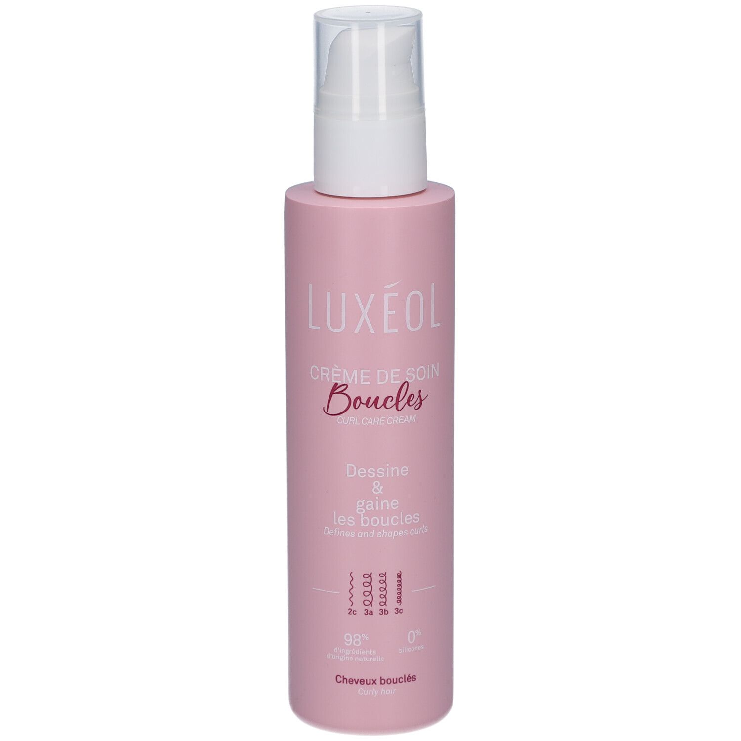 Rosa Flasche mit weißem Pumpkopf. Aufschrift LUXEOL Crème de soin Boucles. Für lockiges Haar.