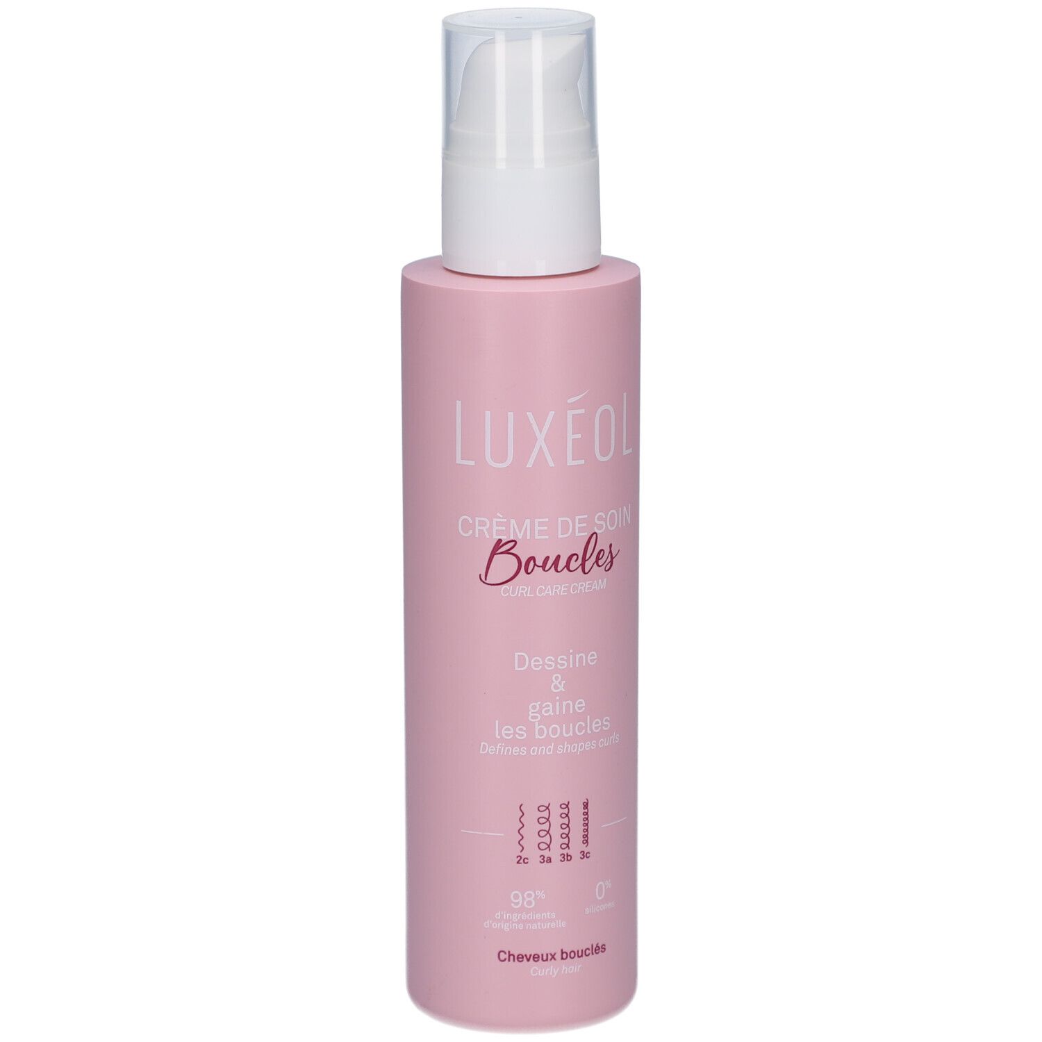 Rosa Flasche mit weißem Pumpkopf. Aufschrift LUXEOL Crème de soin Boucles. Für lockiges Haar.