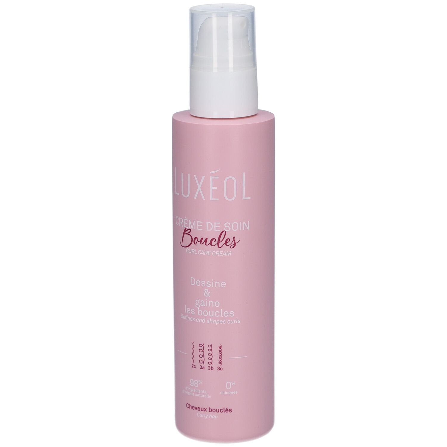 Rosa Flasche mit weißem Pumpkopf. Aufschrift LUXEOL Crème de soin Boucles. Für lockiges Haar.