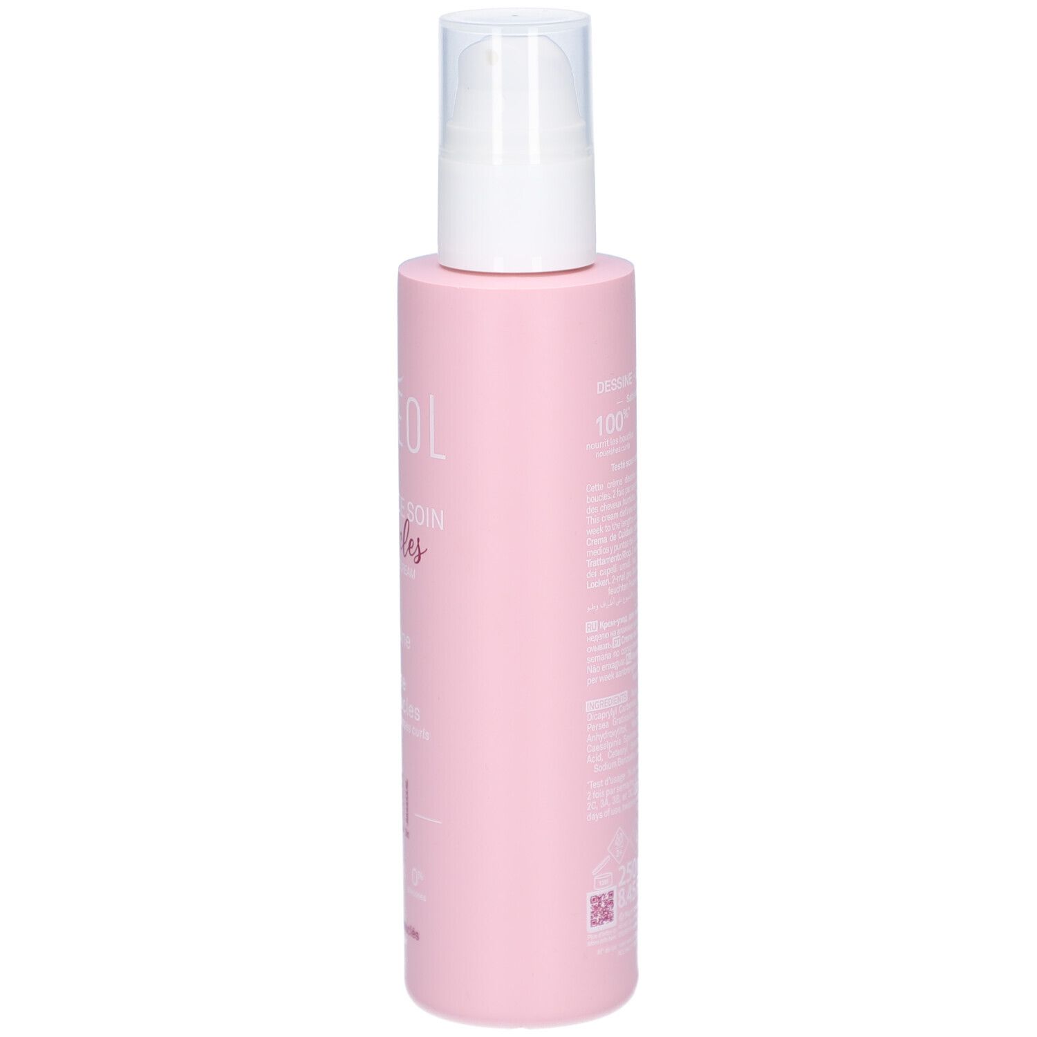 Rosa Flasche mit weißem Pumpkopf. Rückseite mit Text. Produktname nicht sichtbar.