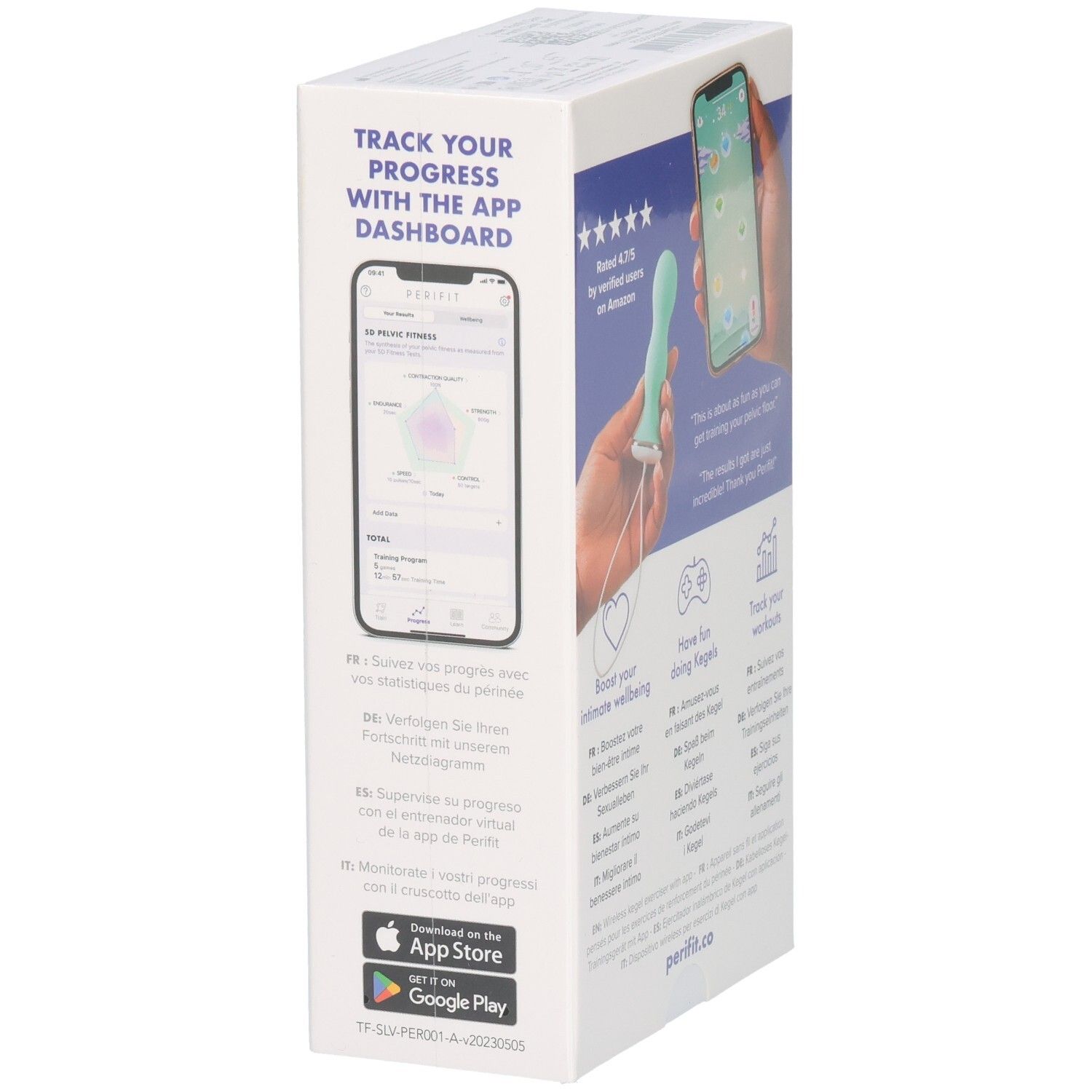 Verpackung mit Produktabbildung und App-Dashboard-Screenshot. Text: „Track your progress with the app dashboard“. Logo: Perifit.