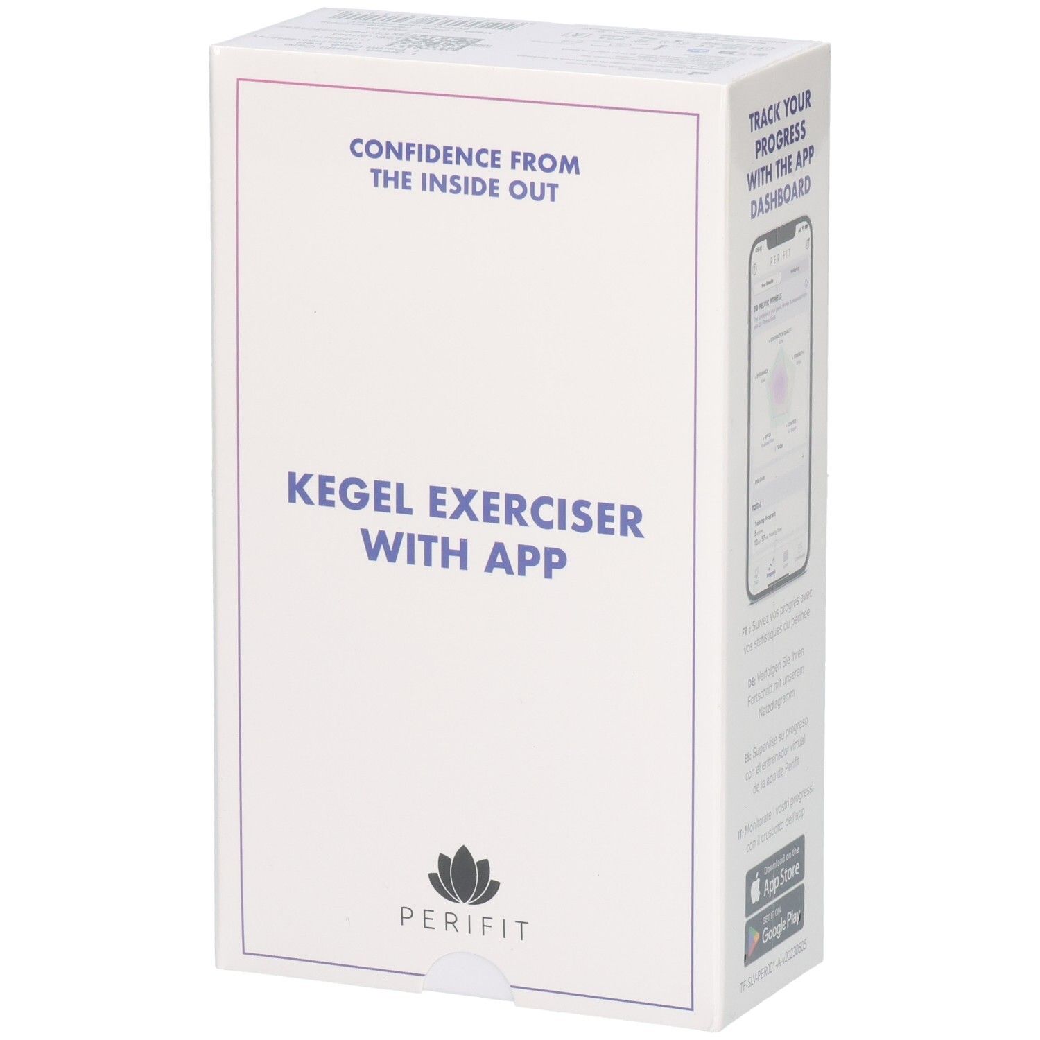 Weiße Verpackung mit Text: „Kegel Exerciser with App“ und „Confidence from the inside out“. Logo: Perifit. App-Dashboard-Screenshot.