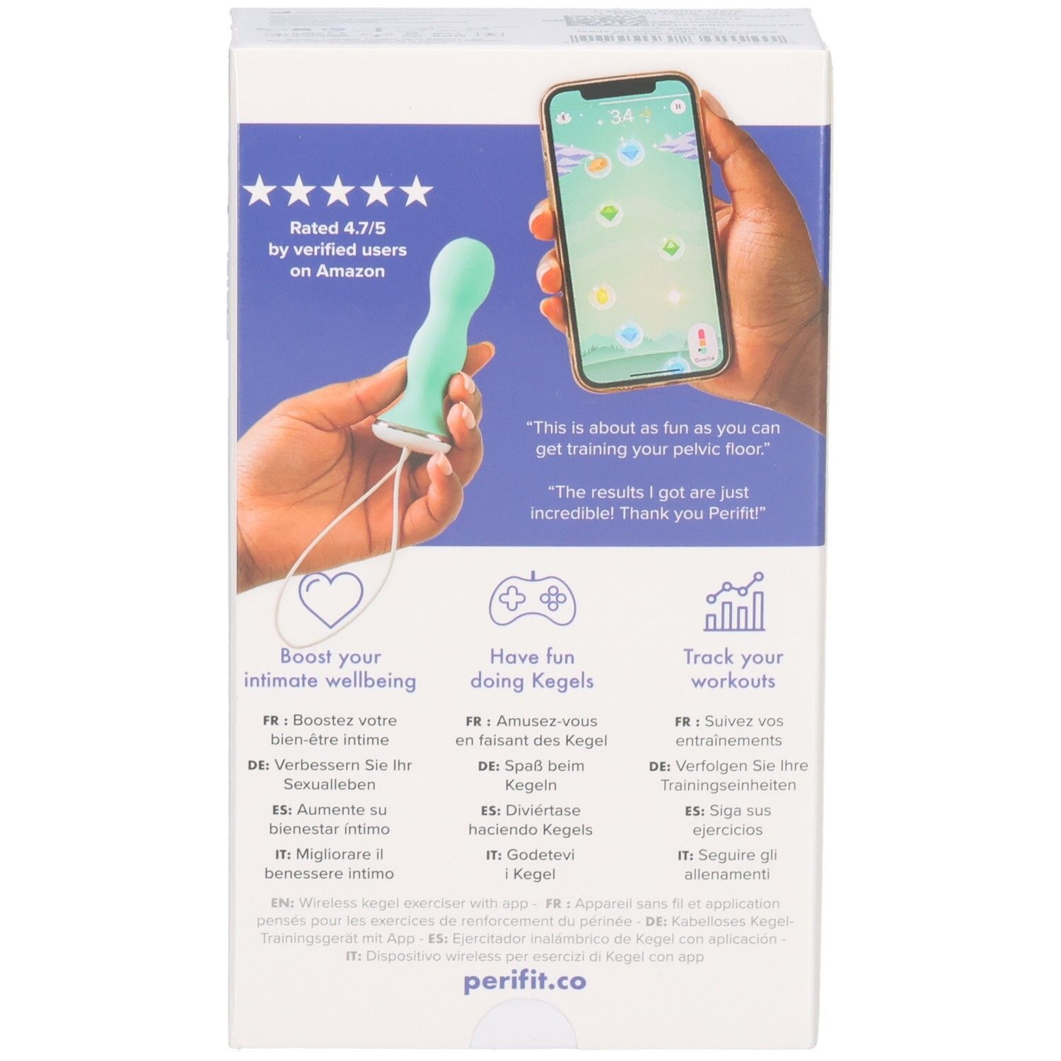 Produkt und Smartphone-App-Anzeige. Produkt: Grün, länglich, mit Kabel. App-Screenshot. Text: „Rated 4.7/5 by verified users on Amazon“. Logo: Perifit.