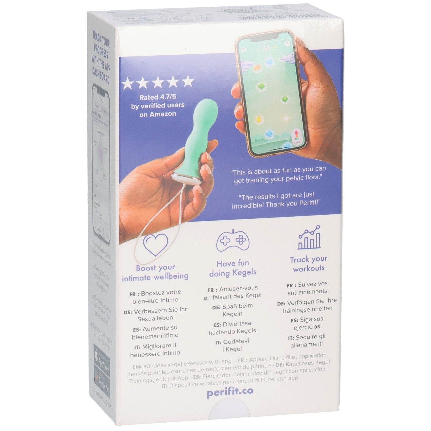 Produkt und Smartphone-App-Anzeige. Produkt: Grün, länglich, mit Kabel. App-Screenshot. Text: „Rated 4.7/5 by verified users on Amazon“. Logo: Perifit.