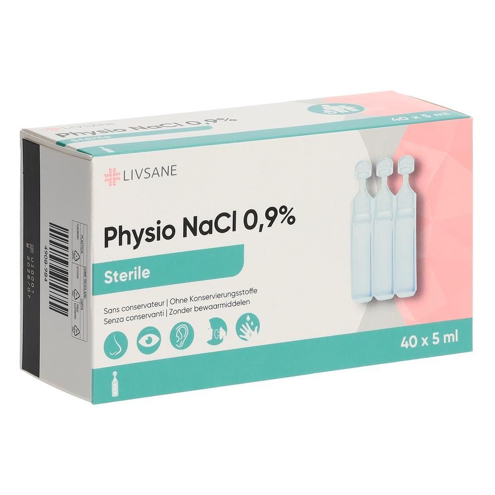Verpackung mit 40 sterilen Kochsalzlösungen à 5 ml, Marke LIVSANE.
