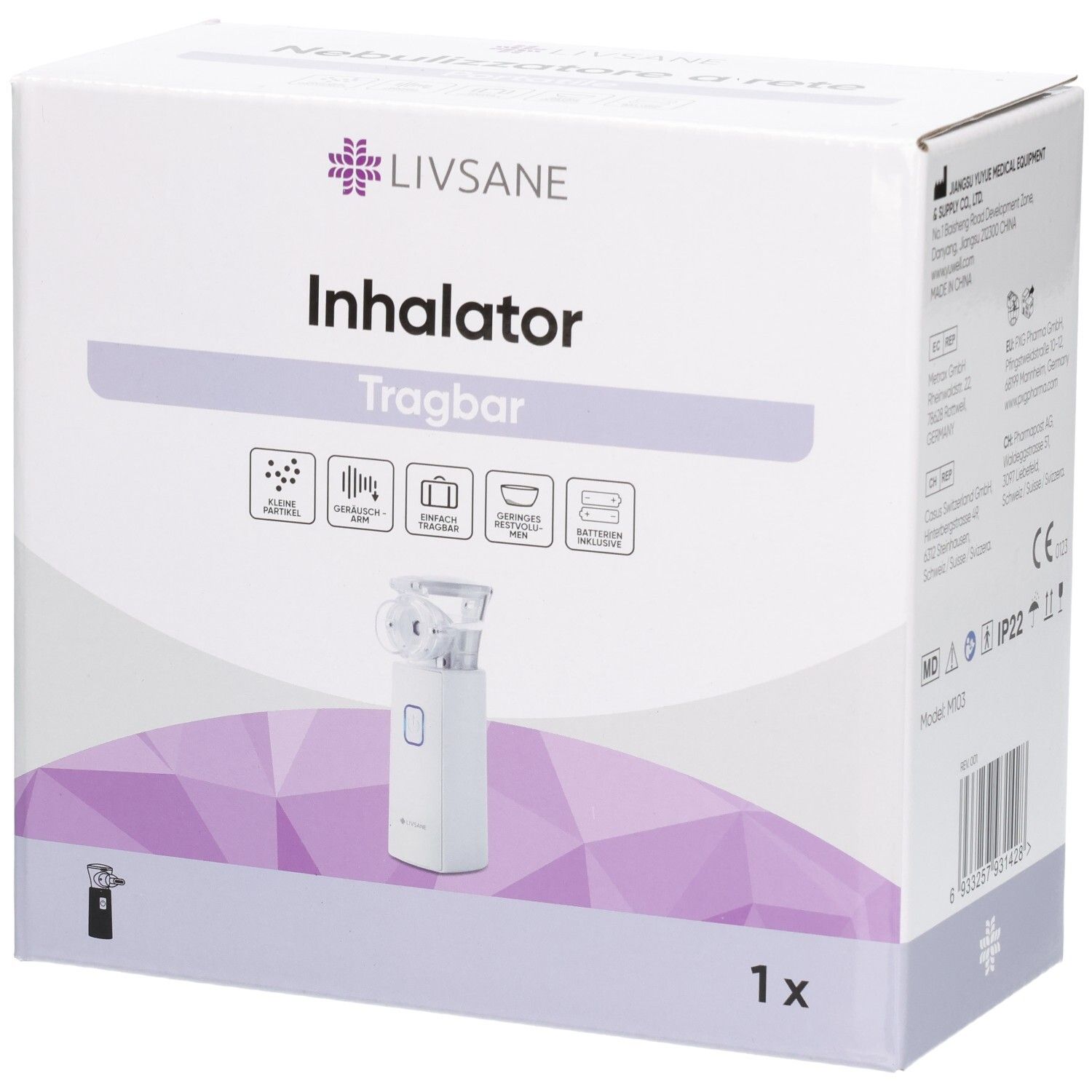 LIVSANE tragbarer Inhalator M103 auf weißer Verpackung mit lila geometrischem Muster.