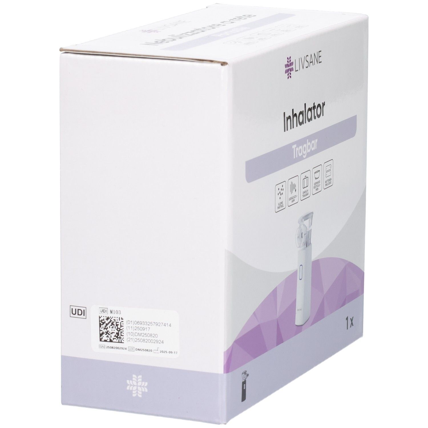 Rückseite der LIVSANE tragbaren Inhalator M103 Verpackung mit UDI-Code und Produktinformationen.