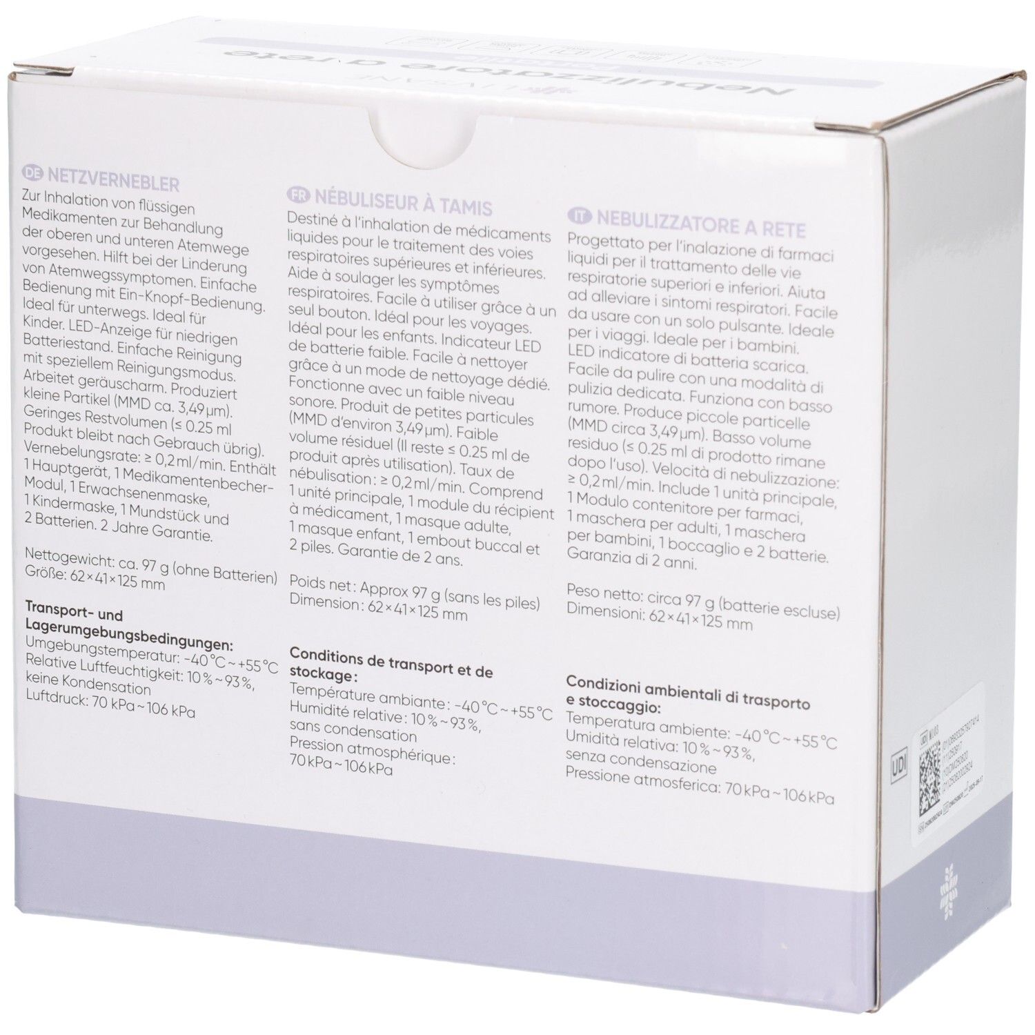 Seitenansicht der LIVSANE tragbaren Inhalator M103 Verpackung mit detaillierten Produktbeschreibungen.