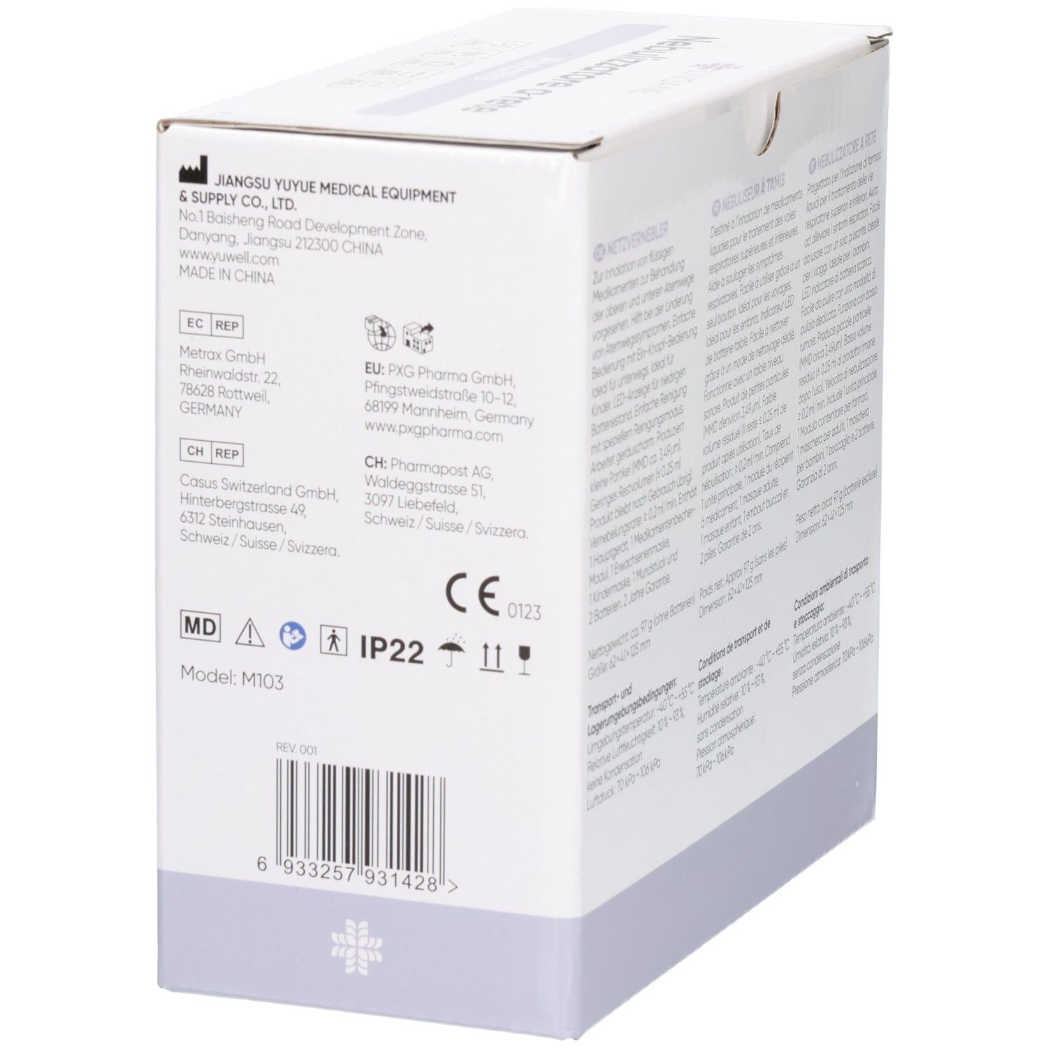Seitenansicht der LIVSANE tragbaren Inhalator M103 Verpackung mit Herstellerinformationen und CE-Kennzeichnung.