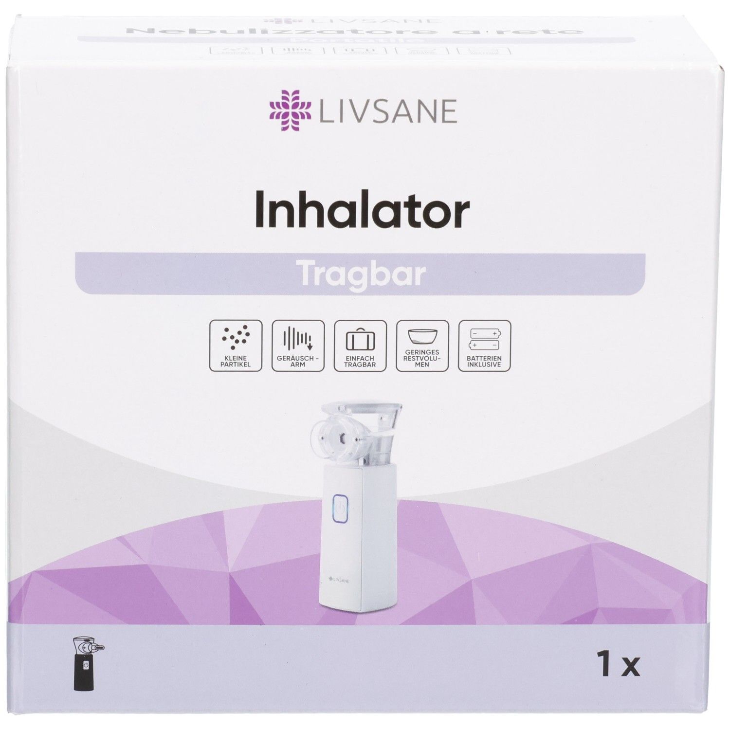 LIVSANE tragbarer Inhalator M103 auf weißer Verpackung mit lila geometrischem Muster und Produktabbildung.
