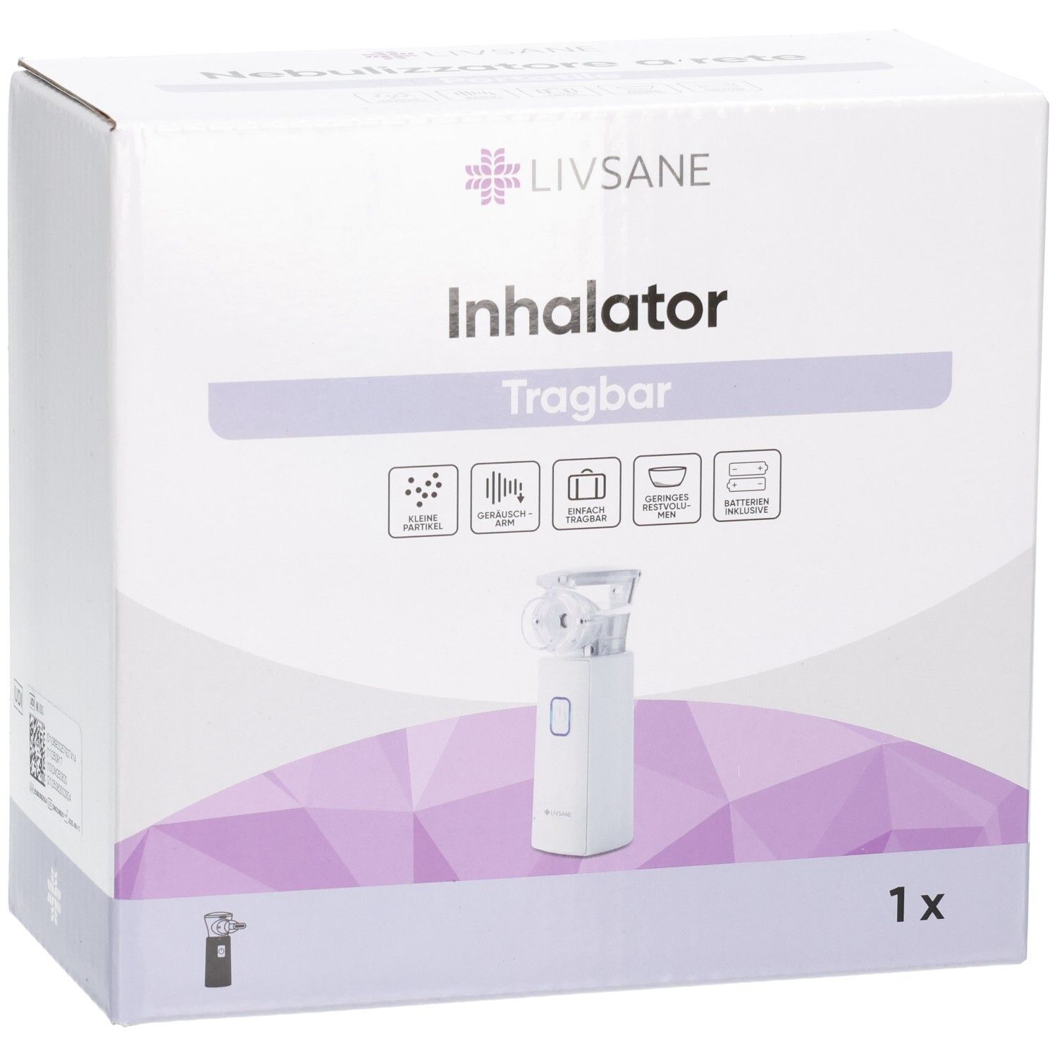 Vorderseite der LIVSANE tragbaren Inhalator M103 Verpackung mit Produktabbildung und Symbolen.
