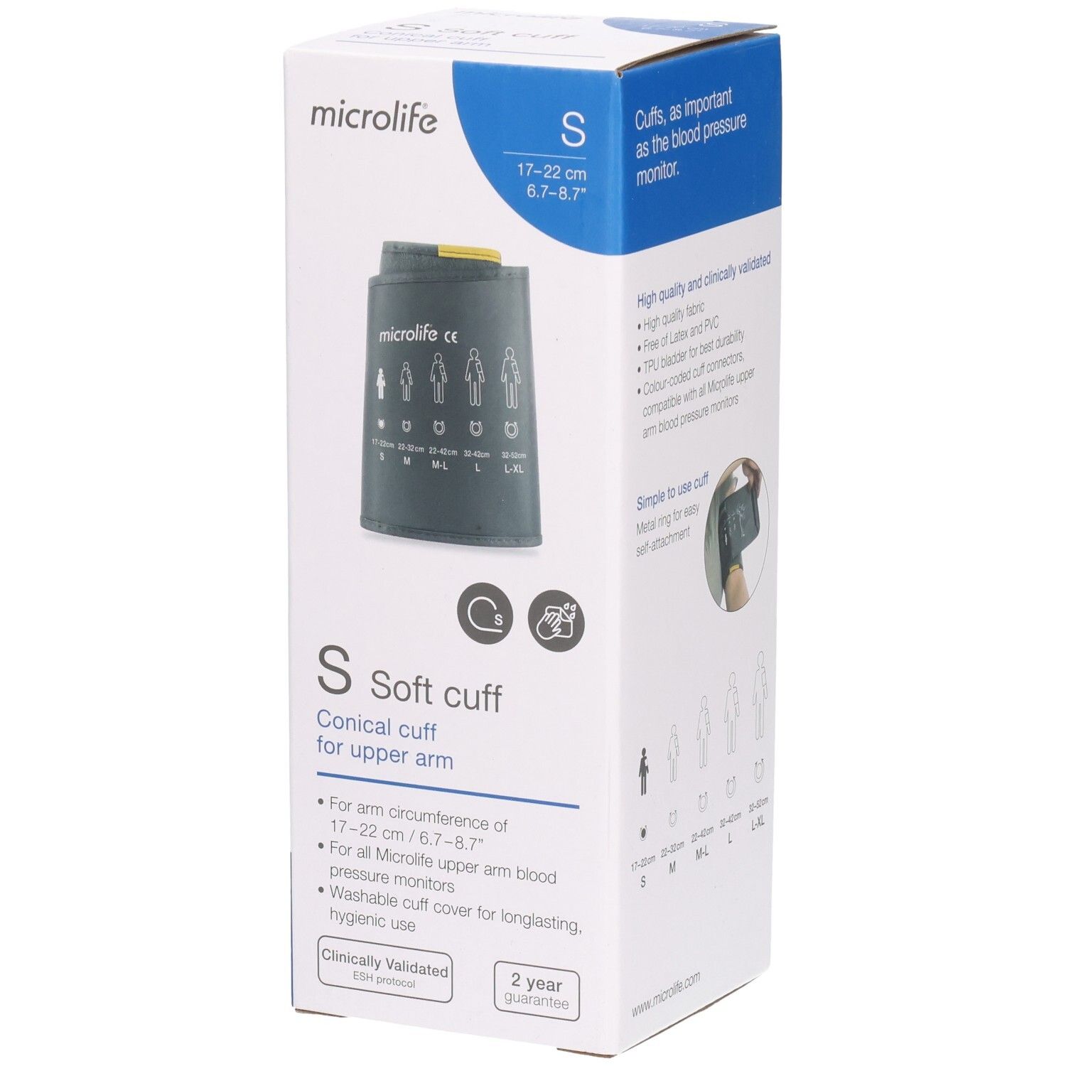 Boîte de brassard pour le bras. Taille S, 17-22cm. Marque Microlife. Brassard conique. Housse lavable. Cliniquement validé.