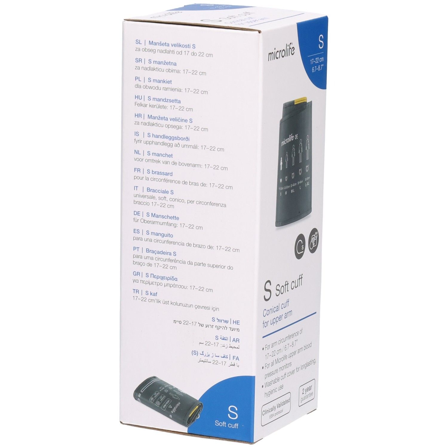 Dos de l'emballage. Informations de taille en plusieurs langues. Marque Microlife. Brassard S, 17-22cm. Brassard conique pour le bras.