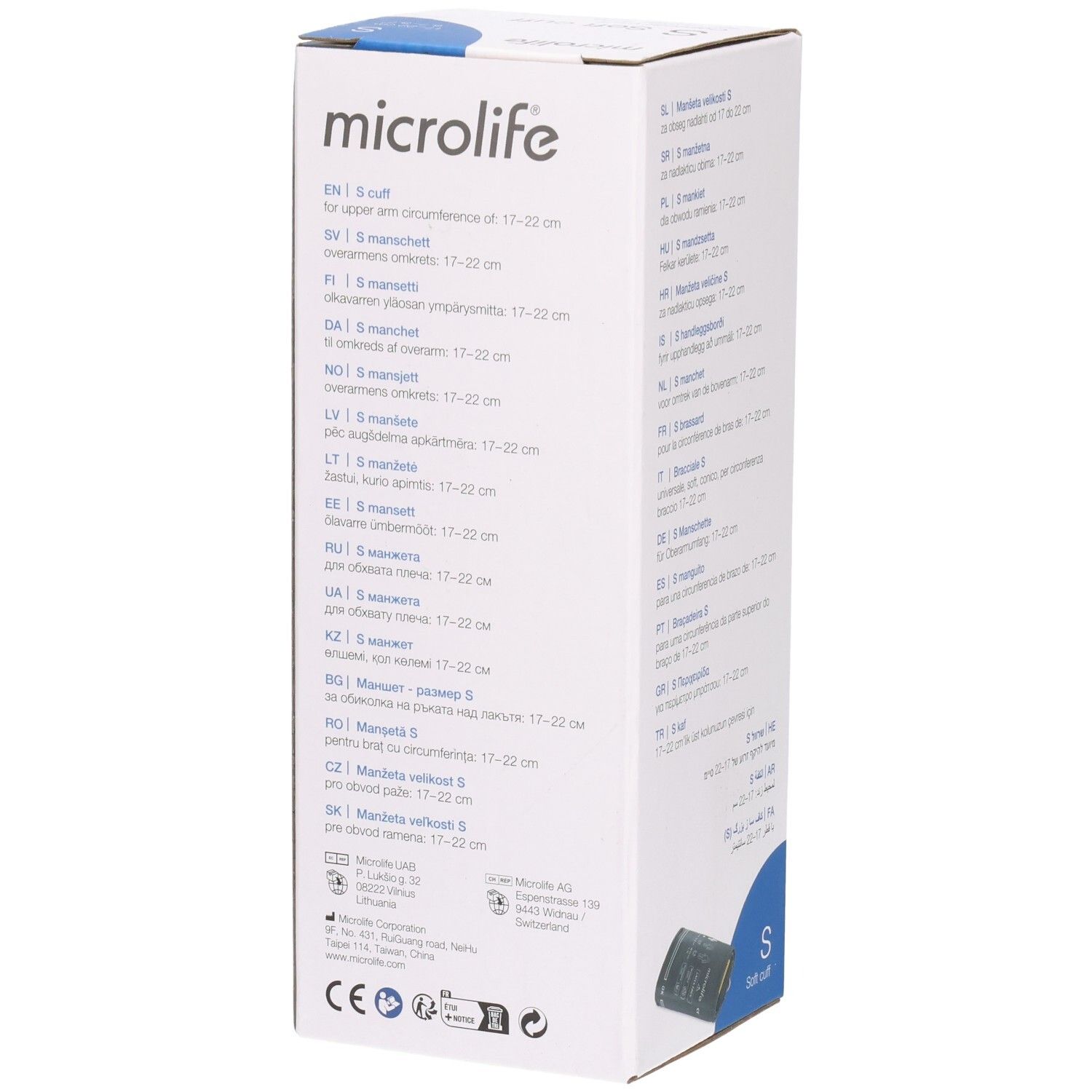 Côté de l'emballage avec informations de taille en plusieurs langues. Marque Microlife. Brassard S, 17-22cm. Marque CE.
