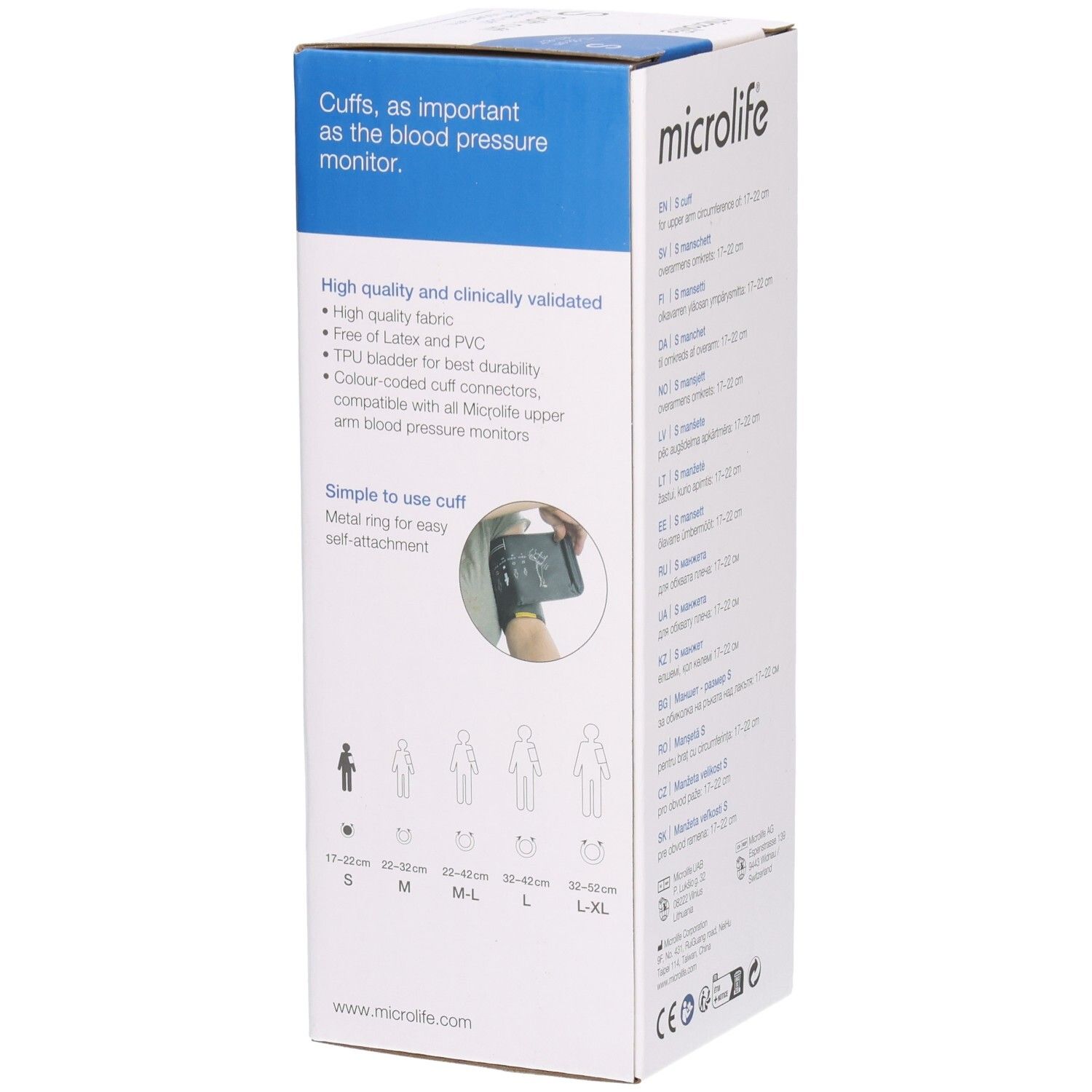 Côté de l'emballage avec informations sur le produit. Marque Microlife. Brassard S, 17-22cm. Validé cliniquement. Facile à utiliser.