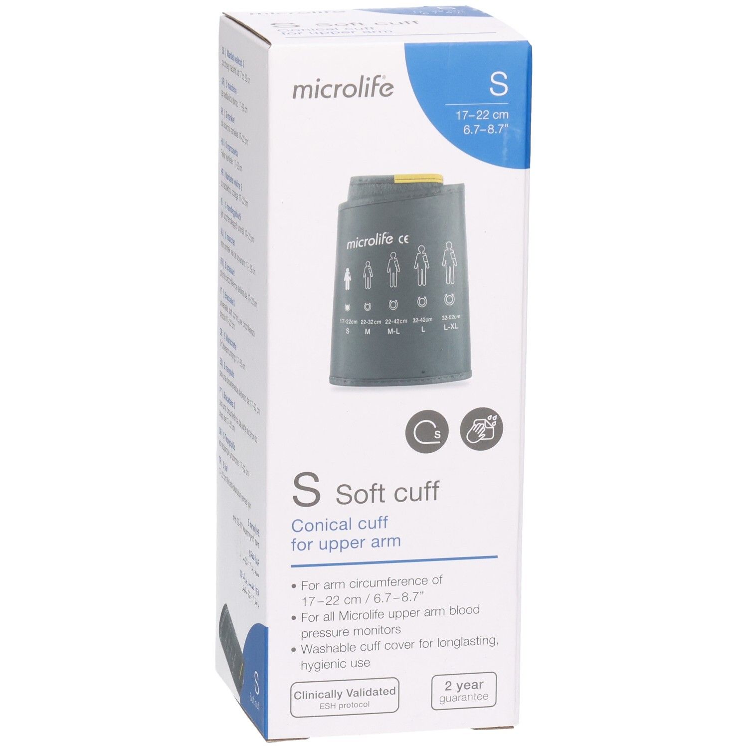 Boîte de brassard pour le bras. Taille S, 17-22cm. Marque Microlife. Brassard conique. Housse lavable. Cliniquement validé.