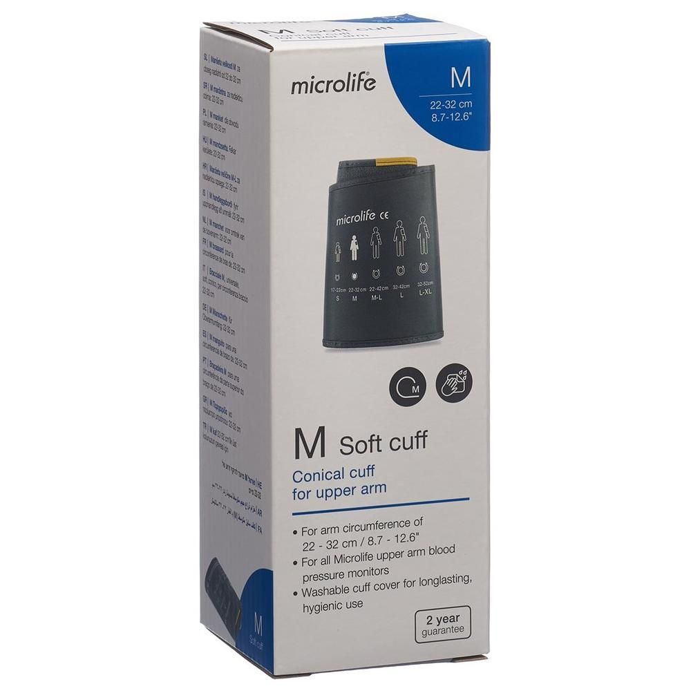 Verpackung der Manschette für den Oberarm. Größe M, 22-32 cm. Enthält die Manschette, die für Microlife-Geräte geeignet ist.