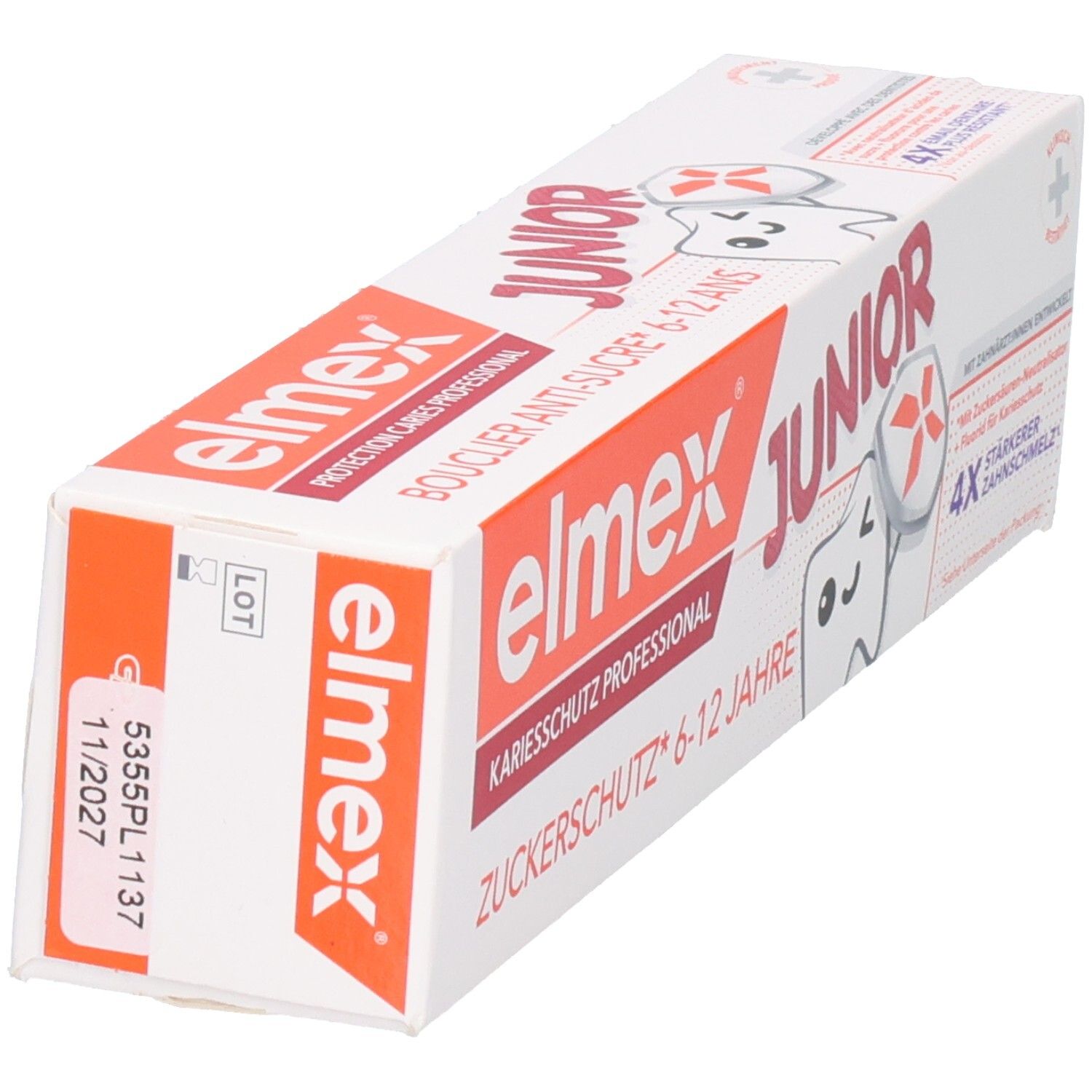 Elmex Junior Zahnpasta-Verpackung, Seitenansicht mit Chargennummer und Verfallsdatum.
