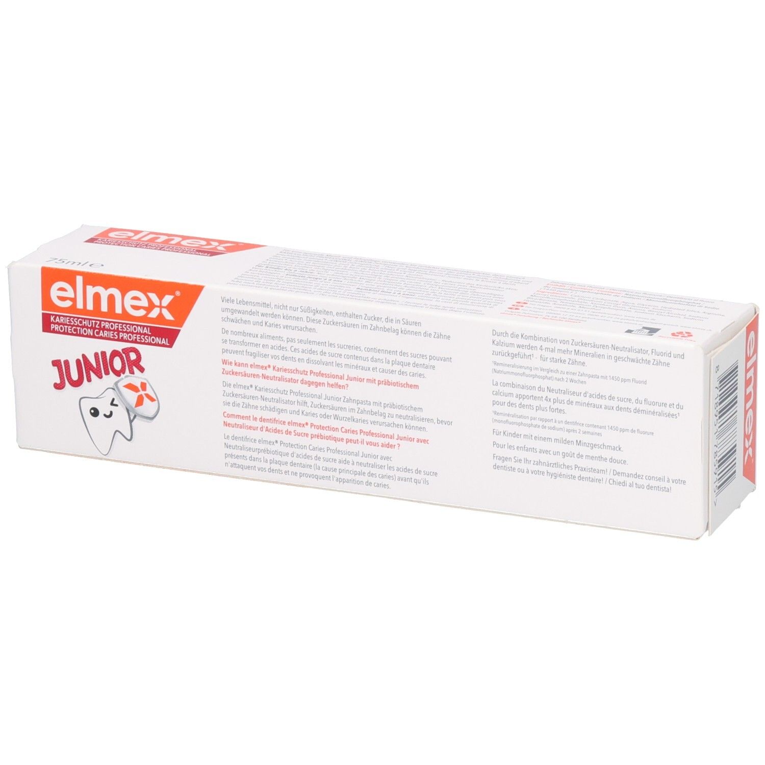 Elmex Junior Zahnpasta-Verpackung mit detaillierten Produktinformationen auf der Rückseite.
