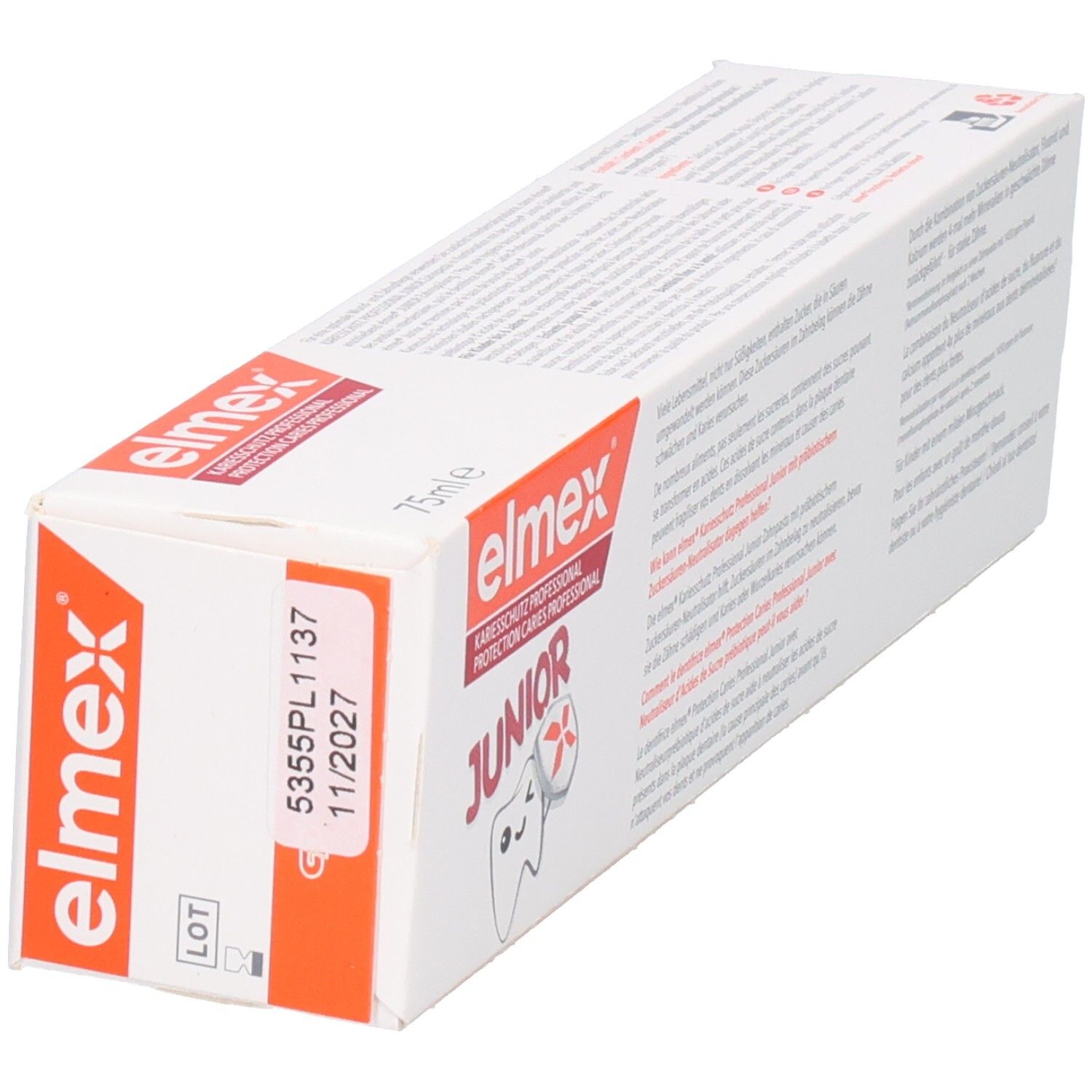 Elmex Junior Zahnpasta-Verpackung, schräge Ansicht mit Größenangabe "75ml".