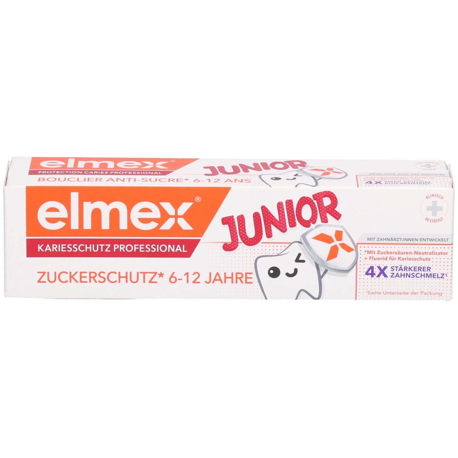 Elmex Junior Zahnpasta-Verpackung mit Zahn-Illustration und "Zuckerschutz"-Aufschrift.