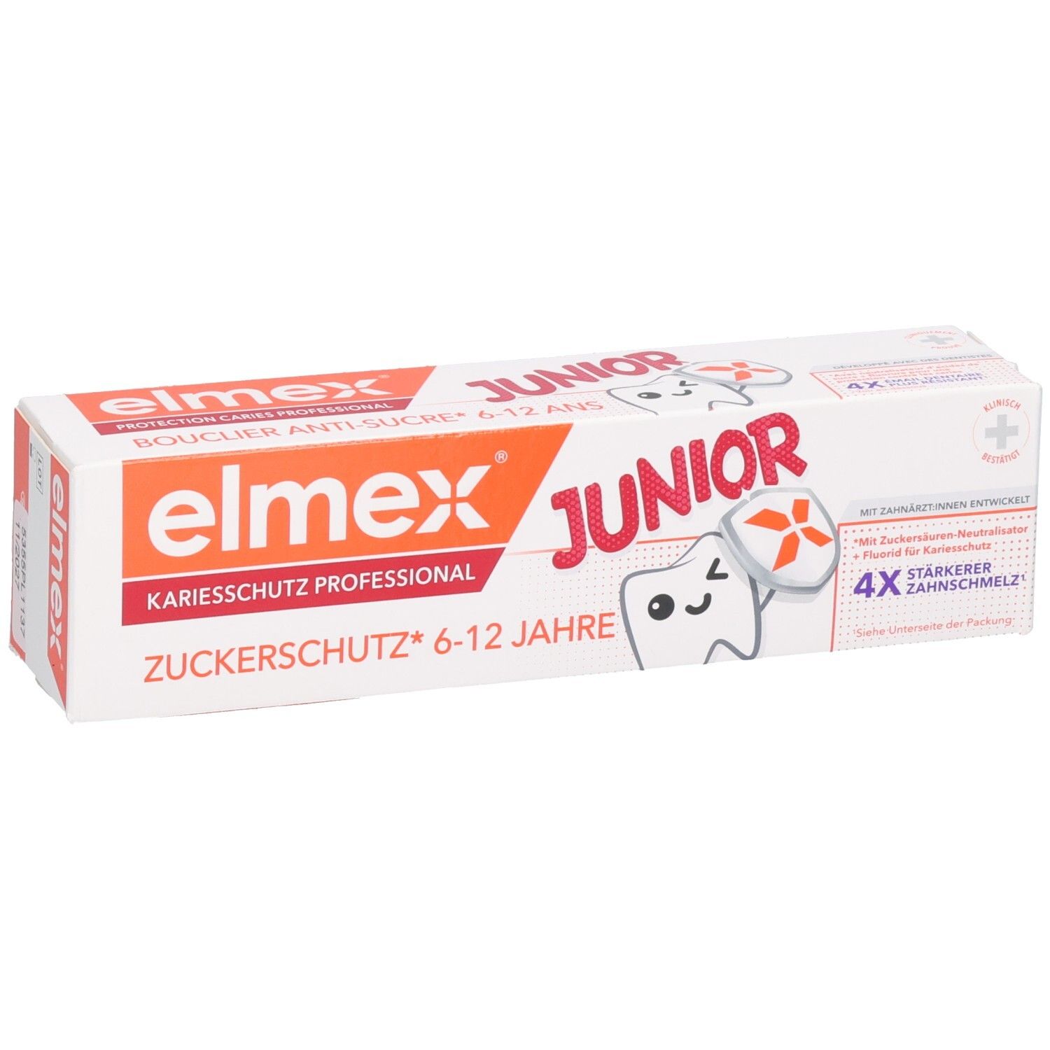 Elmex Junior Zahnpasta-Verpackung mit Zahn-Illustration und "Zuckerschutz"-Aufschrift.