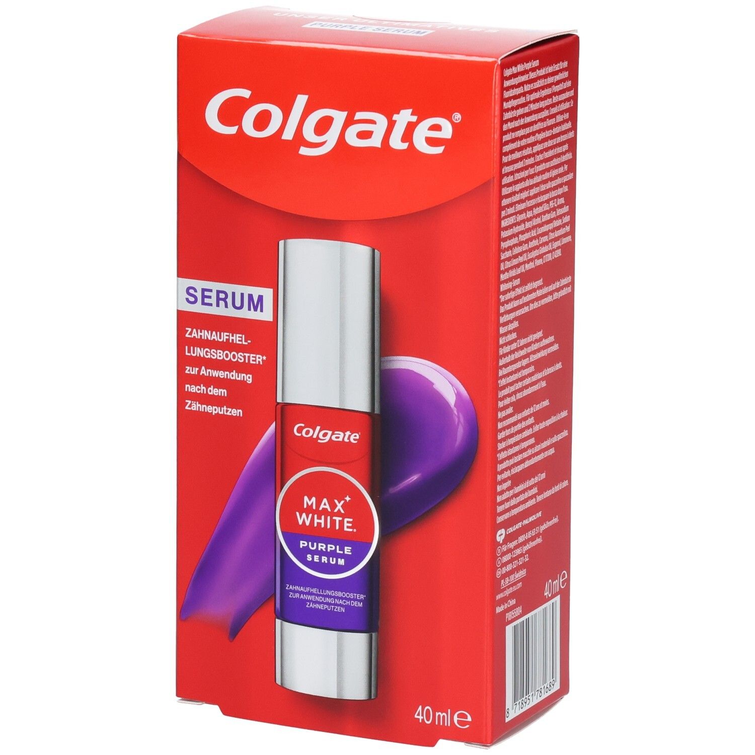 Colgate Max White Purple Serum in roter Verpackung mit silbernem Spender.