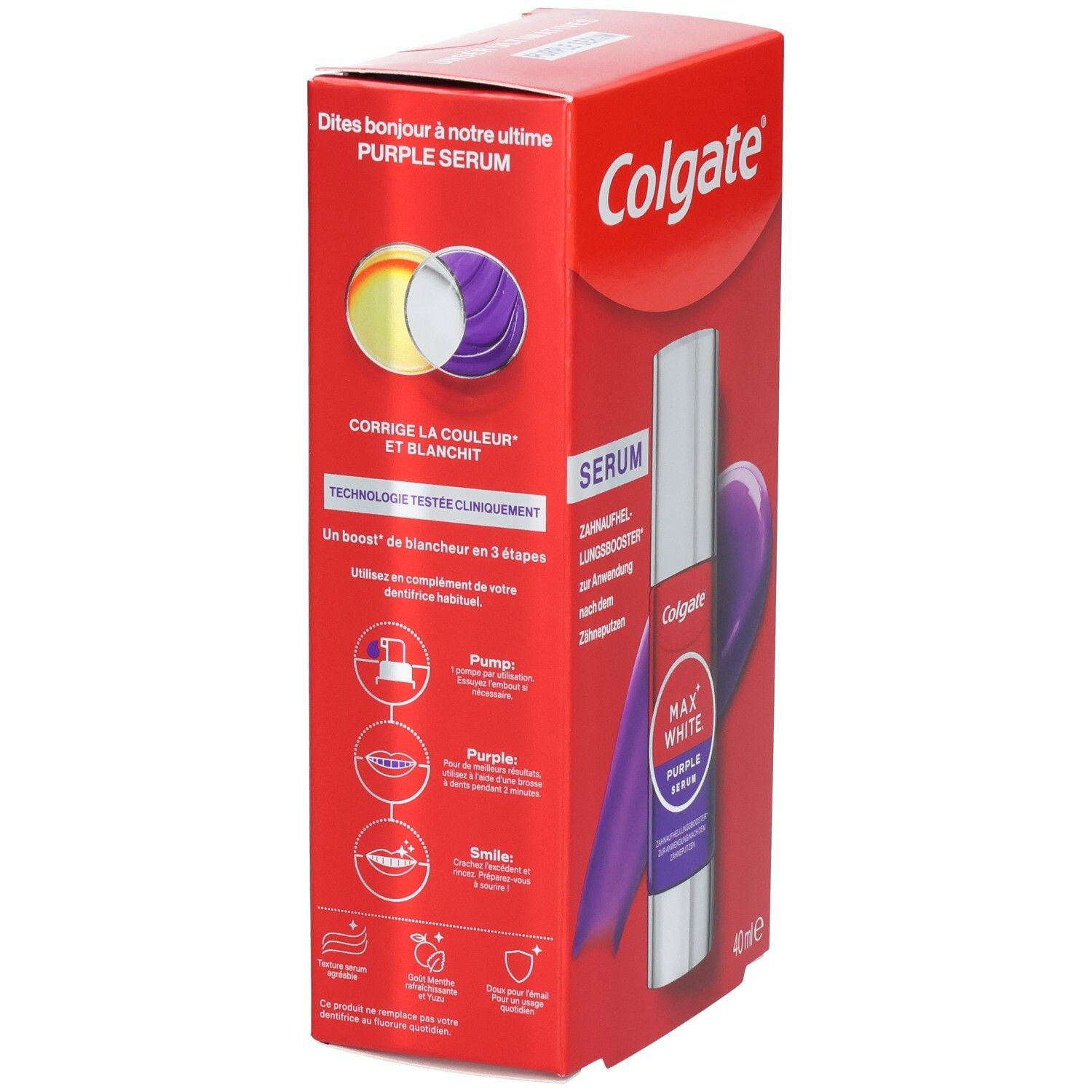 Colgate Max White Purple Serum Verpackung mit Darstellungen von gelben und violetten Kreisen.