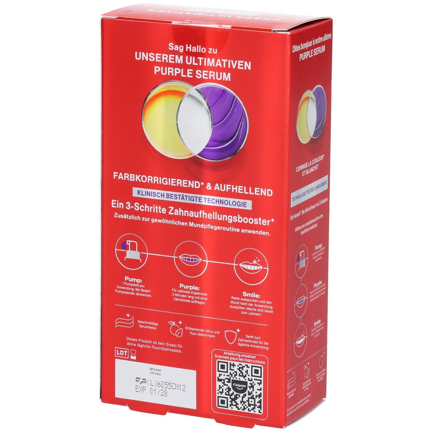 Rückseite der Colgate Max White Purple Serum Verpackung mit Anwendungshinweisen.