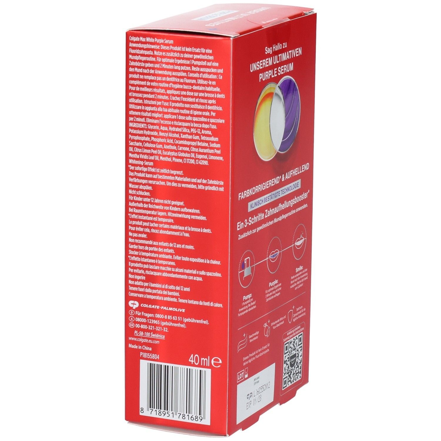 Seitenansicht der Colgate Max White Purple Serum Verpackung mit Inhaltsangabe.