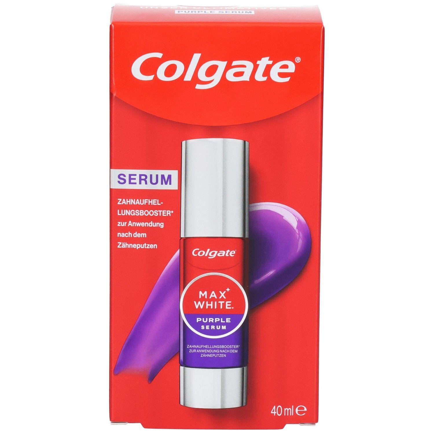 Colgate Max White Purple Serum in roter Verpackung, Vorderansicht.