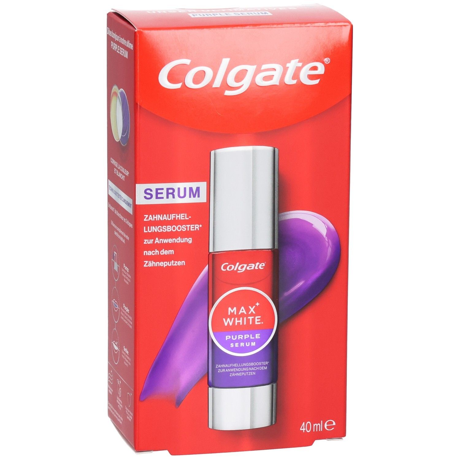 Colgate Max White Purple Serum in roter Verpackung, leicht schräg von vorne.