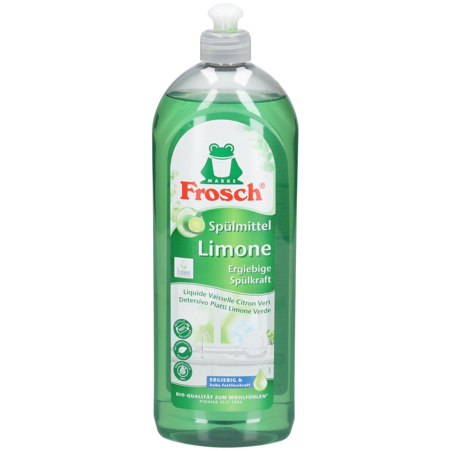 Flasche mit grünem Spülmittel. Aufschrift: Frosch Spülmittel Limone. Grünes Etikett mit Frosch-Logo und Produktinformationen.