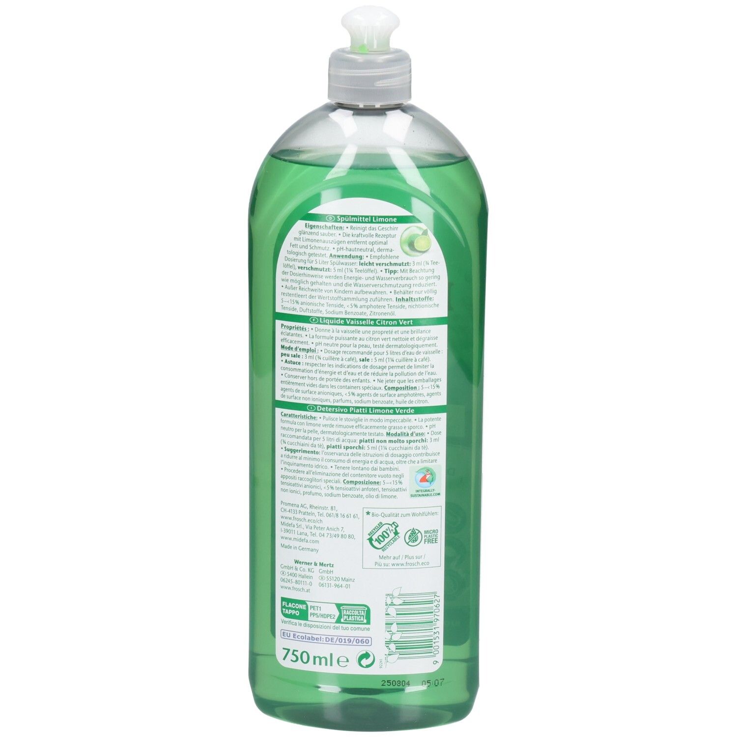 Rückseite der Spülmittelflasche. Enthält Text in mehreren Sprachen, darunter Deutsch, Französisch, Italienisch und Niederländisch.