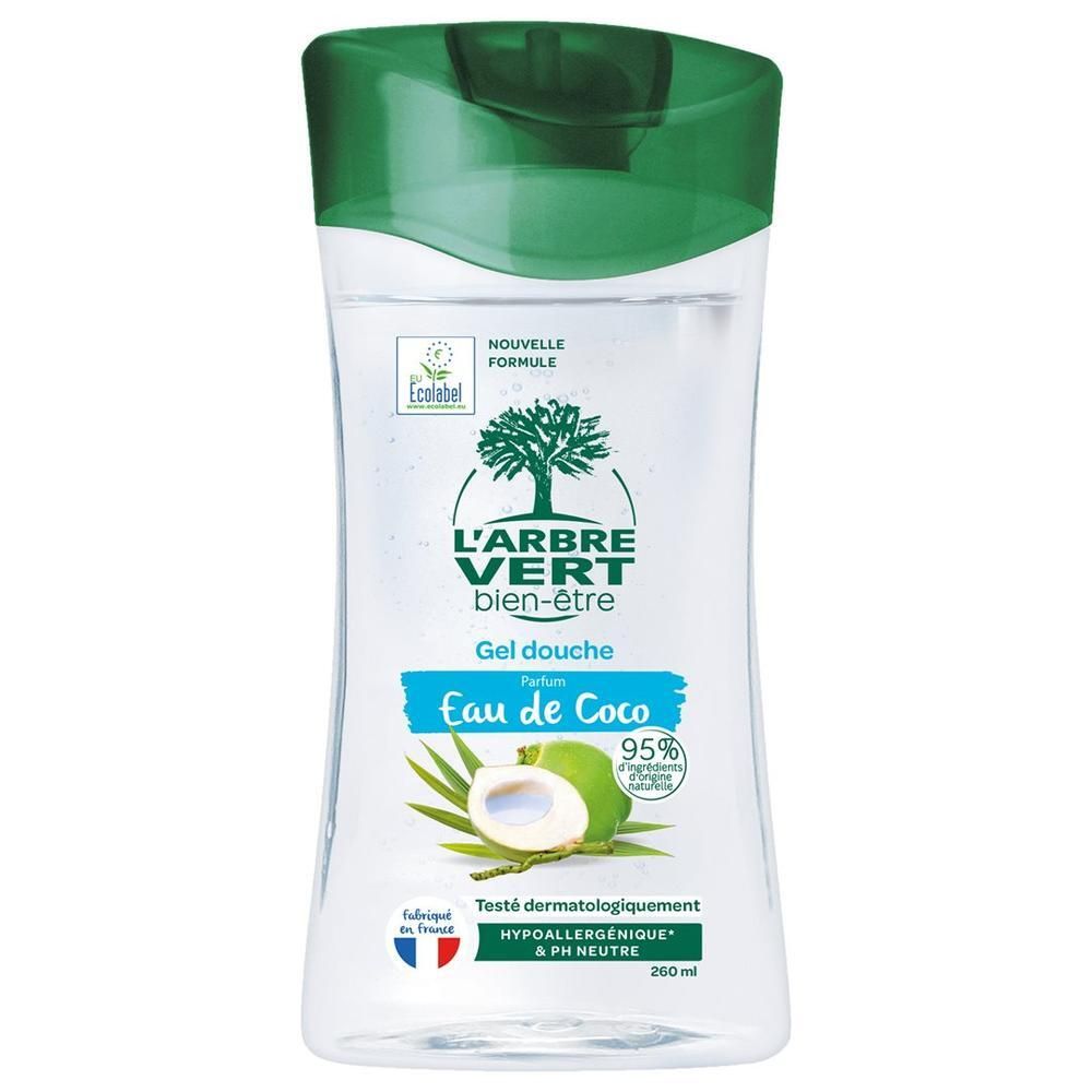 Transparente Flasche mit grünem Deckel. Aufschrift: L'ARBRE VERT bien-être, Gel douche Eau de Coco. Kokosnuss-Illustration. Ecocert-Logo.