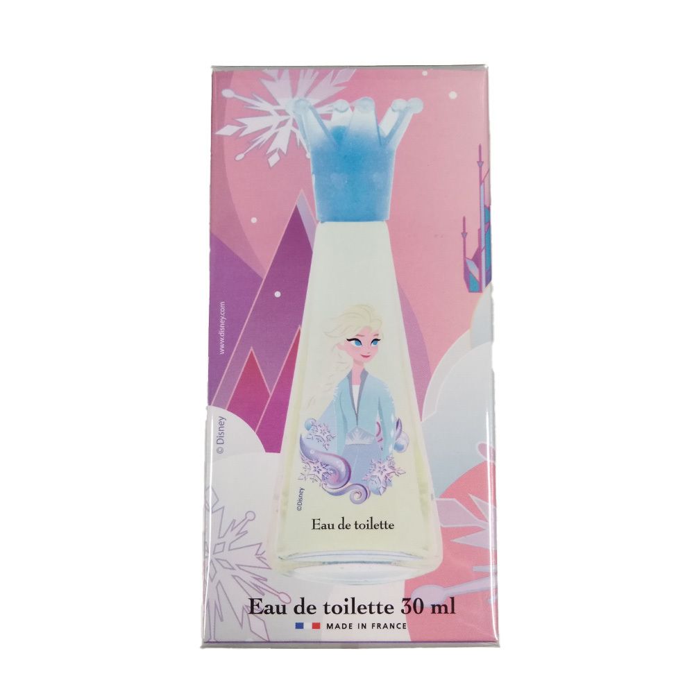 Flacon de parfum avec illustration d'Elsa. Sur l'emballage: Elsa, Anna. Texte: Eau de toilette 30 ml.