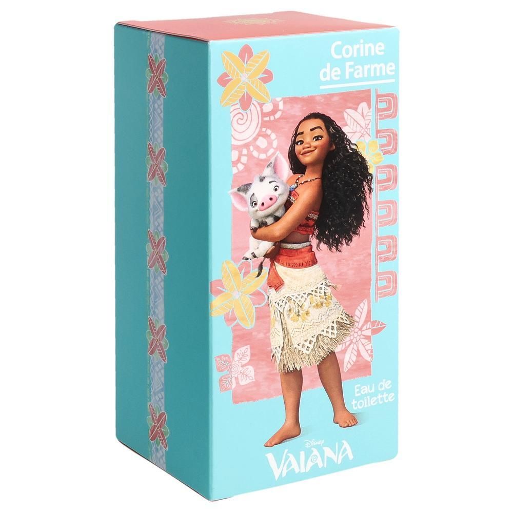 Türkisfarbene Schachtel mit Vaiana-Illustration. Oben steht "Corine de Farme". Auf der Seite ist ein Muster. Auf der Vorderseite ist Vaiana mit Schwein abgebildet.