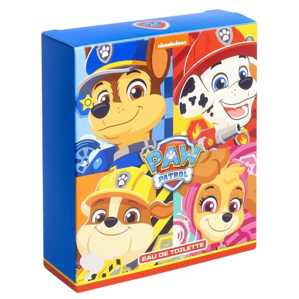 Blauer Karton mit Paw Patrol-Motiven. Aufdruck: Paw Patrol, Eau de Toilette. Abgebildet sind die Charaktere Chase, Marshall, Rubble und Skye.