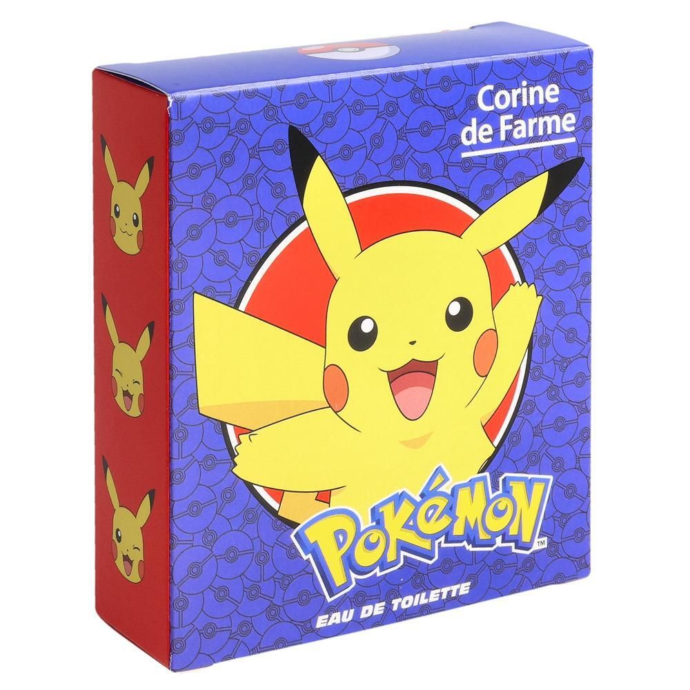 Verpackung mit Pikachu-Illustration. Marke Corine de Farme. Pokémon Eau de Toilette. Blaue und rote Farben.