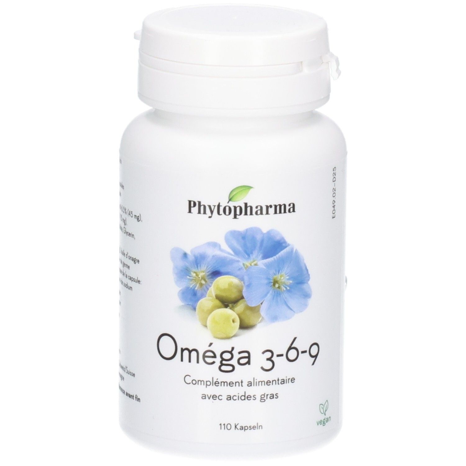 Phytopharma Omega 3-6-9 Kapseln: weiße Flasche mit blauen Blüten und Leinsamen.