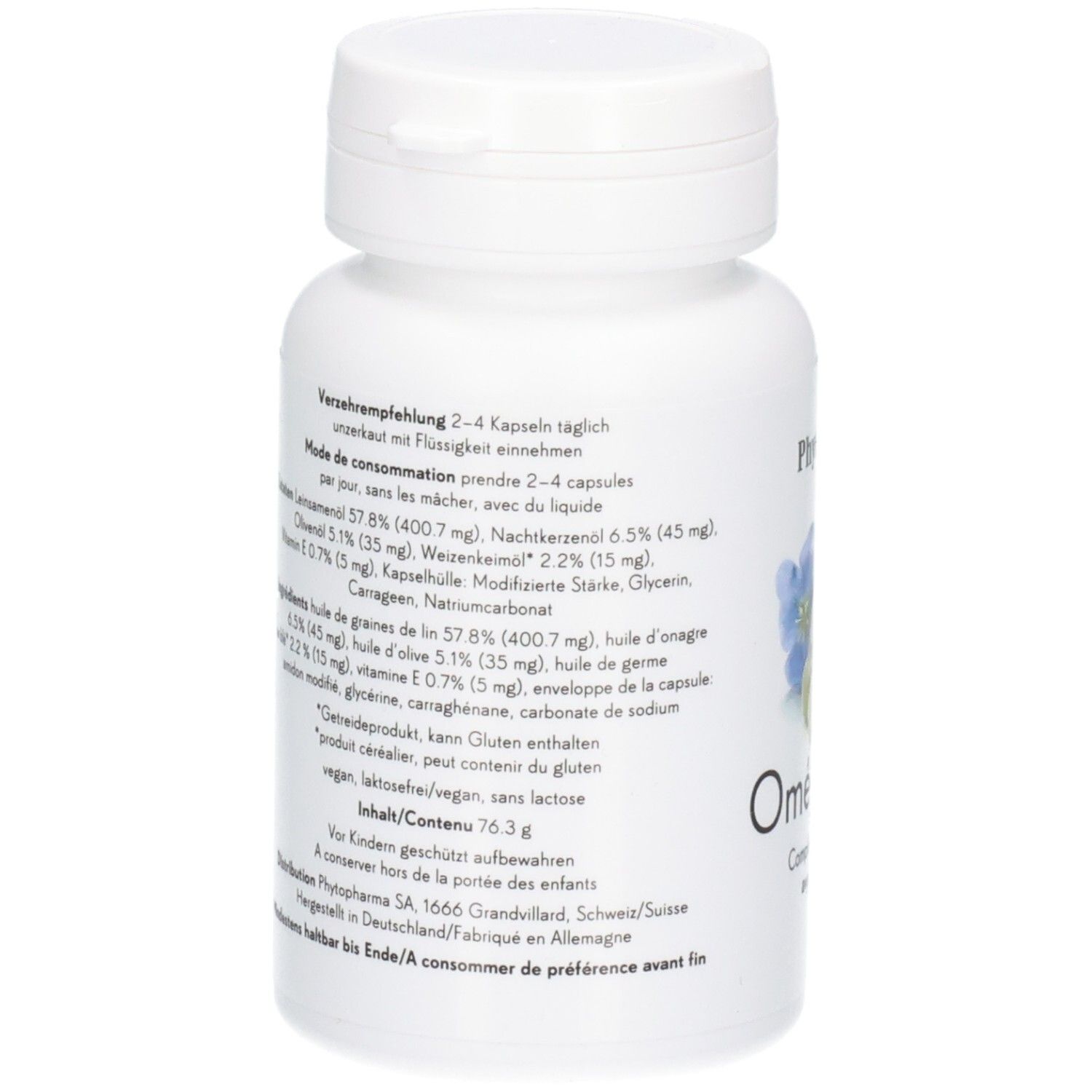 Rückseite der Phytopharma Omega 3-6-9 Kapsel-Flasche mit Zutatenliste.