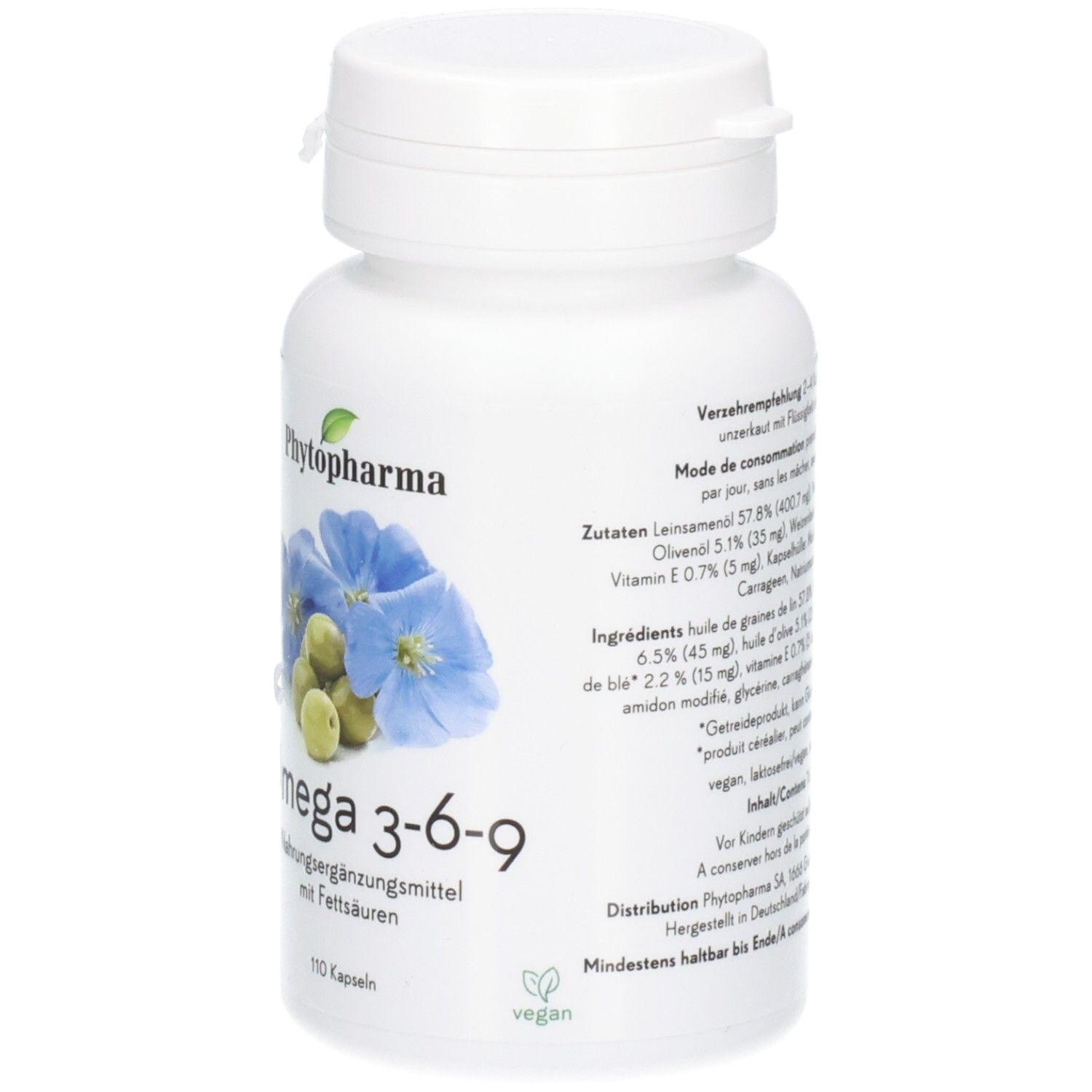 Phytopharma Omega 3-6-9 Kapseln: weiße Flasche mit blauen Blüten und Leinsamen.