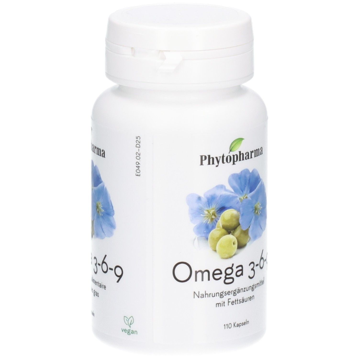 Phytopharma Omega 3-6-9 Kapseln: weiße Flasche mit blauen Blüten und Leinsamen.