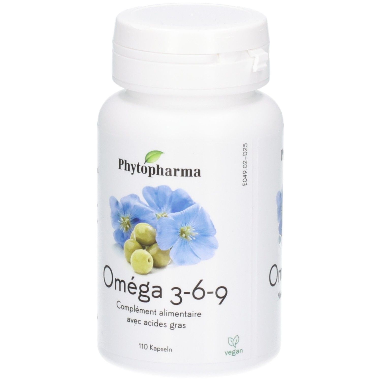 Phytopharma Omega 3-6-9 Kapseln: weiße Flasche mit blauen Blüten und Leinsamen.