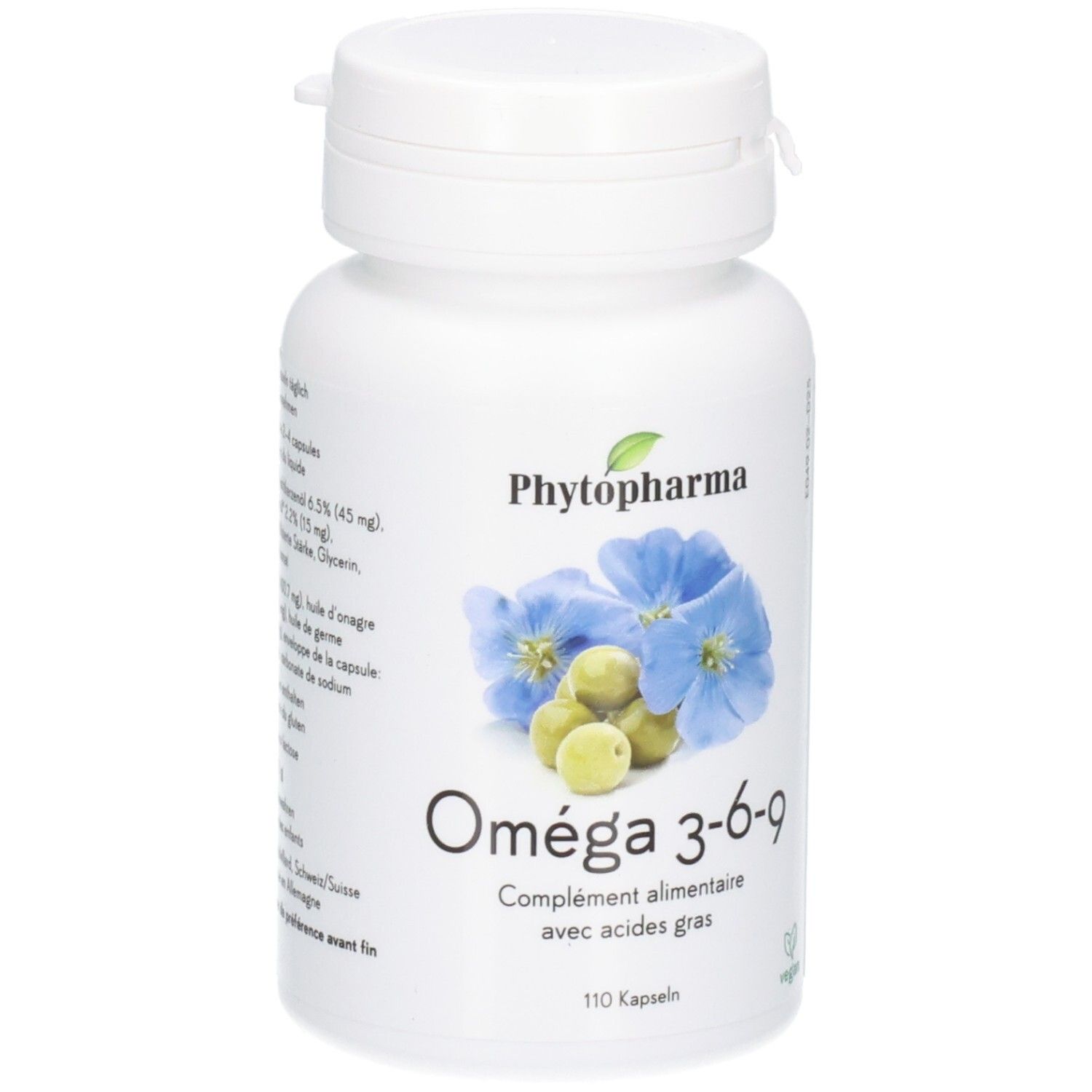 Phytopharma Omega 3-6-9 Kapseln: weiße Flasche mit blauen Blüten und Leinsamen.