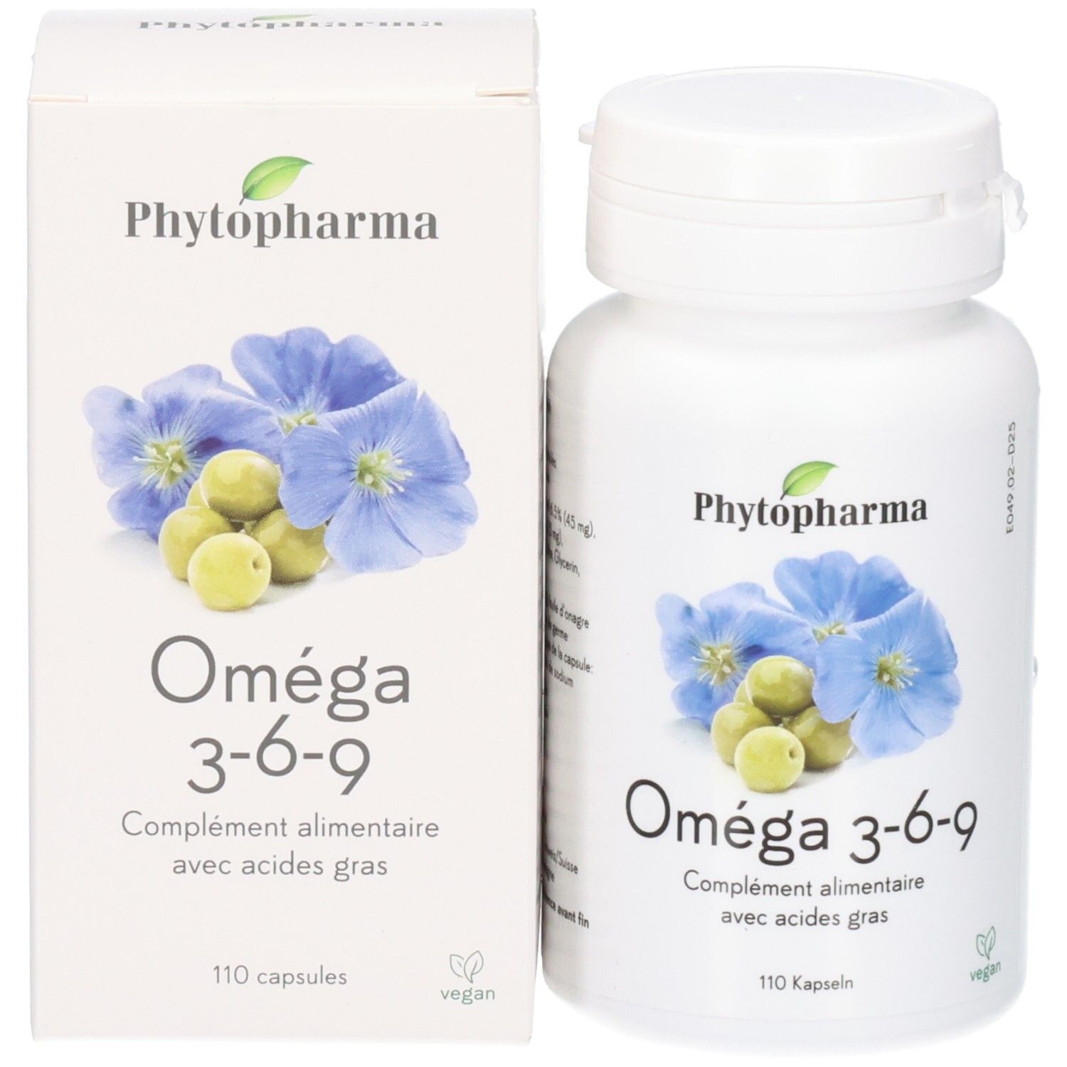 Phytopharma Omega 3-6-9 Kapseln und Verpackung: weiße Flasche und Karton.