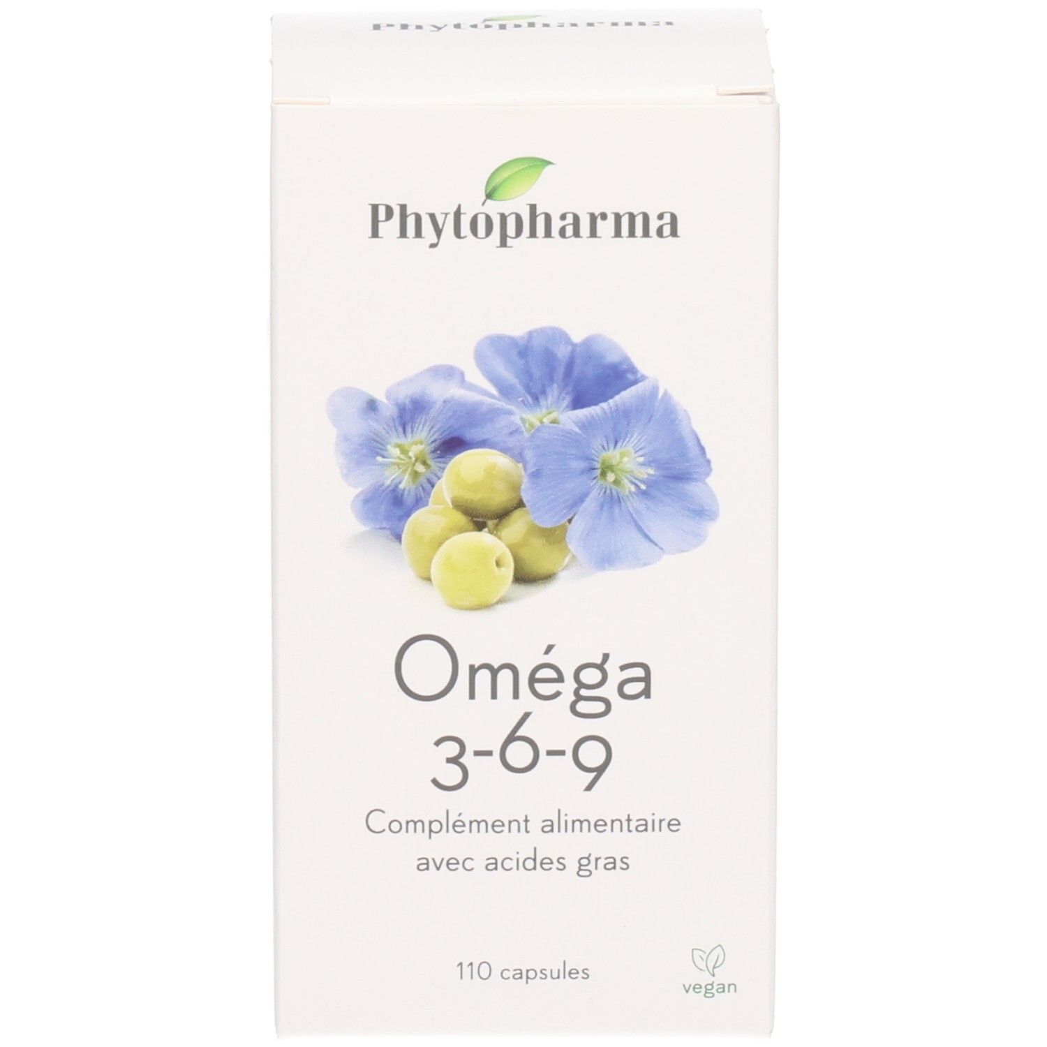 Verpackung Phytopharma Omega 3-6-9: weiße Kartonbox mit blauen Blüten und Leinsamen.