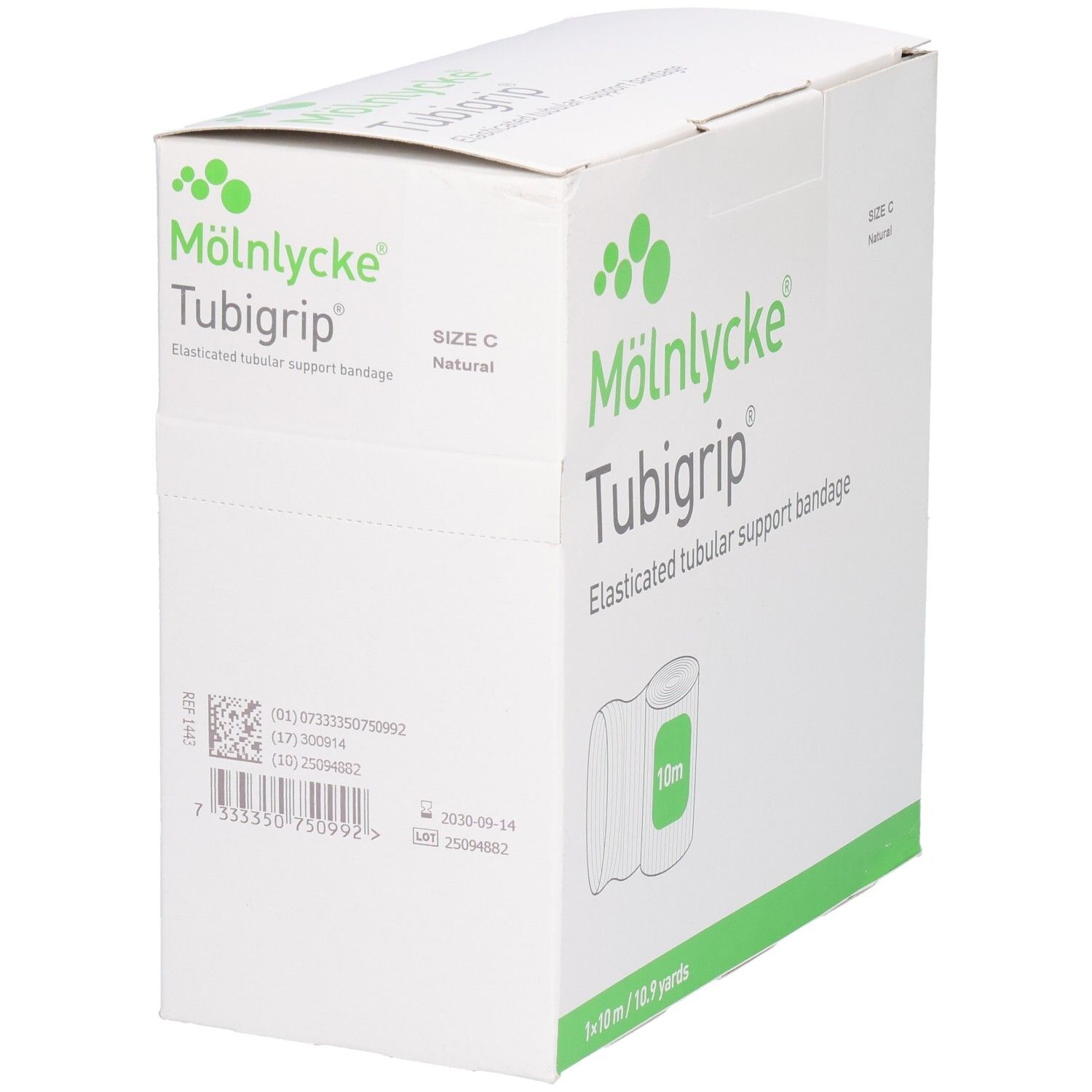Mölnlycke Tubigrip Schlauchbandage, Größe C, 10m Rolle, natur. Rückseite mit Barcode.
