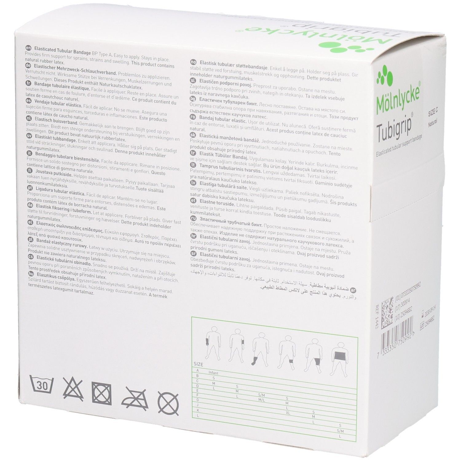 Rückseite der Mölnlycke Tubigrip Schlauchbandage mit Anwendungshinweisen und Größentabelle.