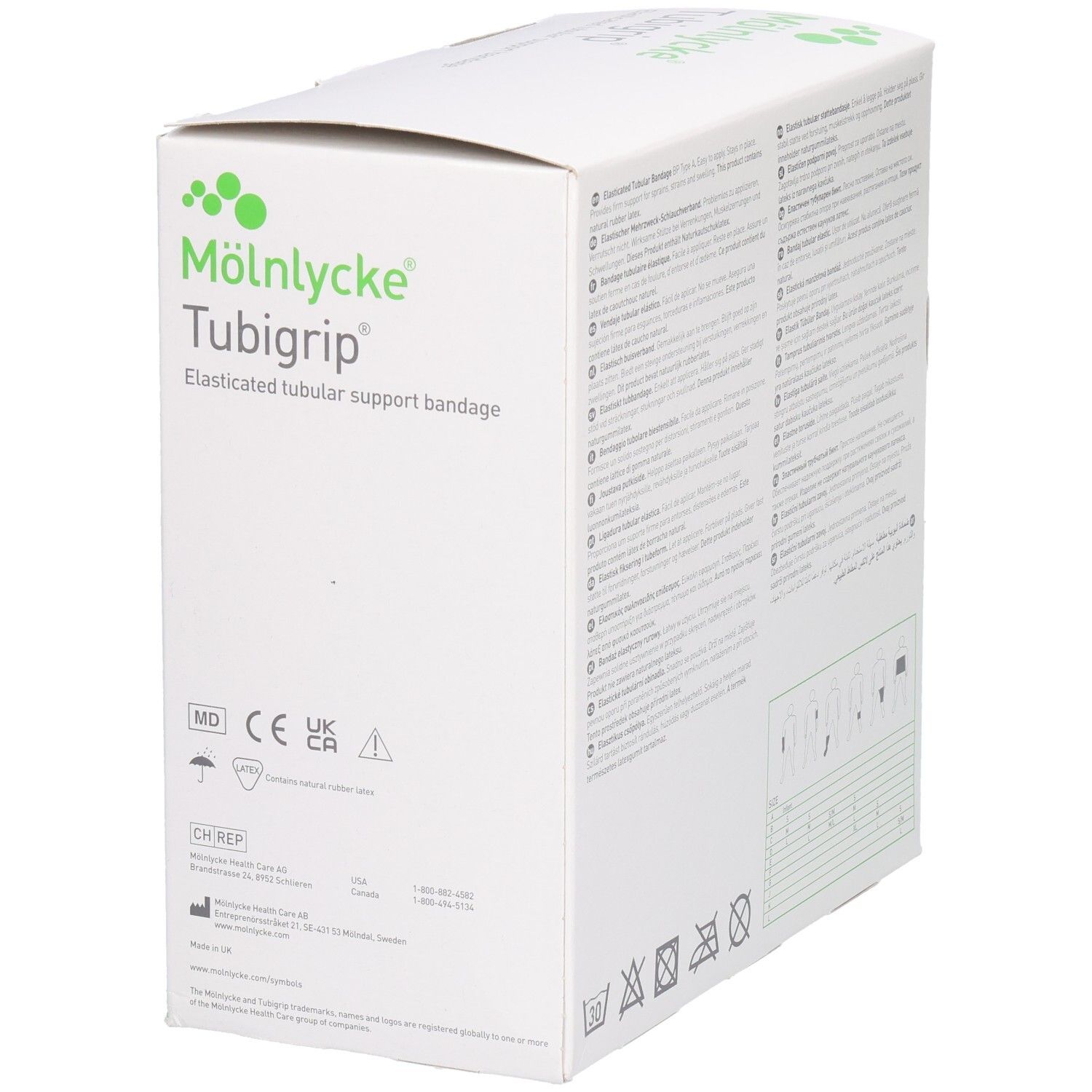Seite der Mölnlycke Tubigrip Schlauchbandage mit CE-Kennzeichnung und Produktinformationen.